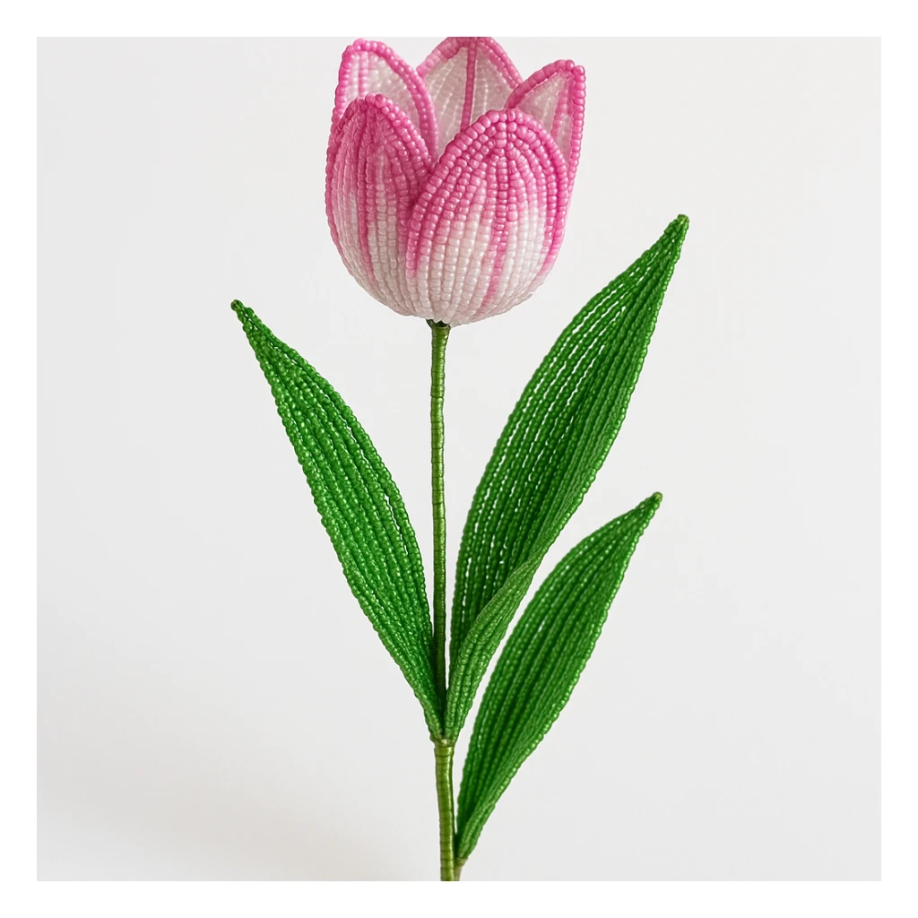 french beaded tulip, handmade with glass beads, delicate wire stems, detailed pink and white petals, lush green leaves, artistic, isolated, no background sticker