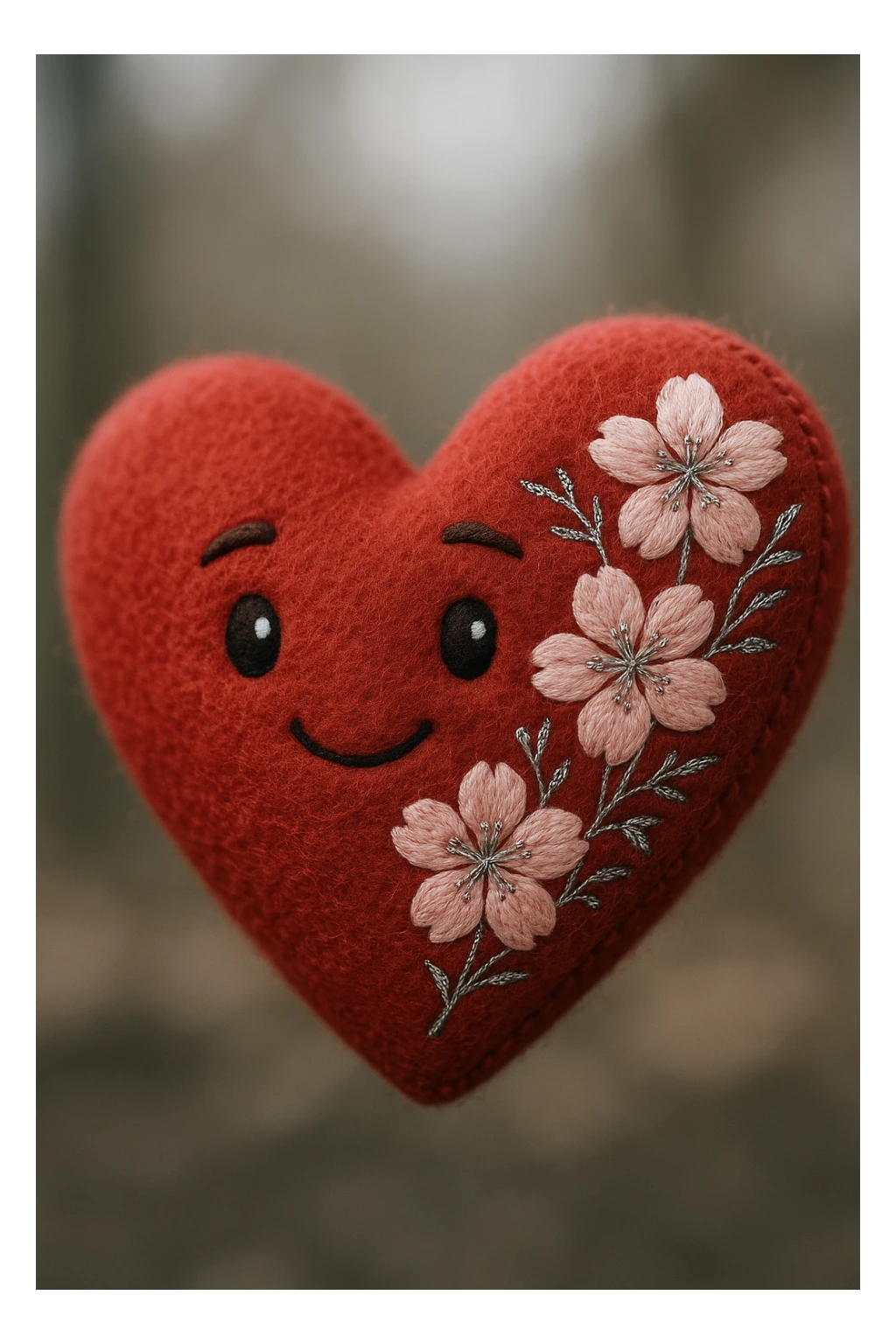 heart with sakura flowers and silver accents, plush portrait style sticker