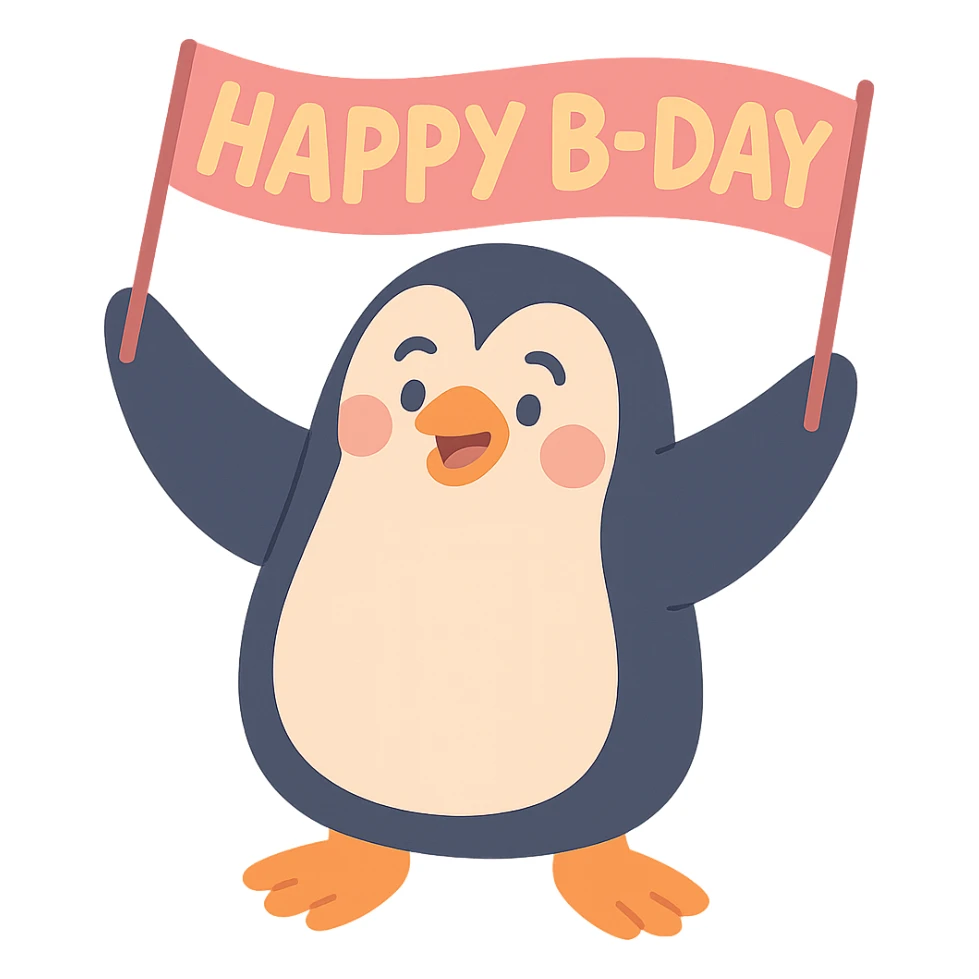 penguin holding a "Happy B-Day" banner, pastel-toon style sticker