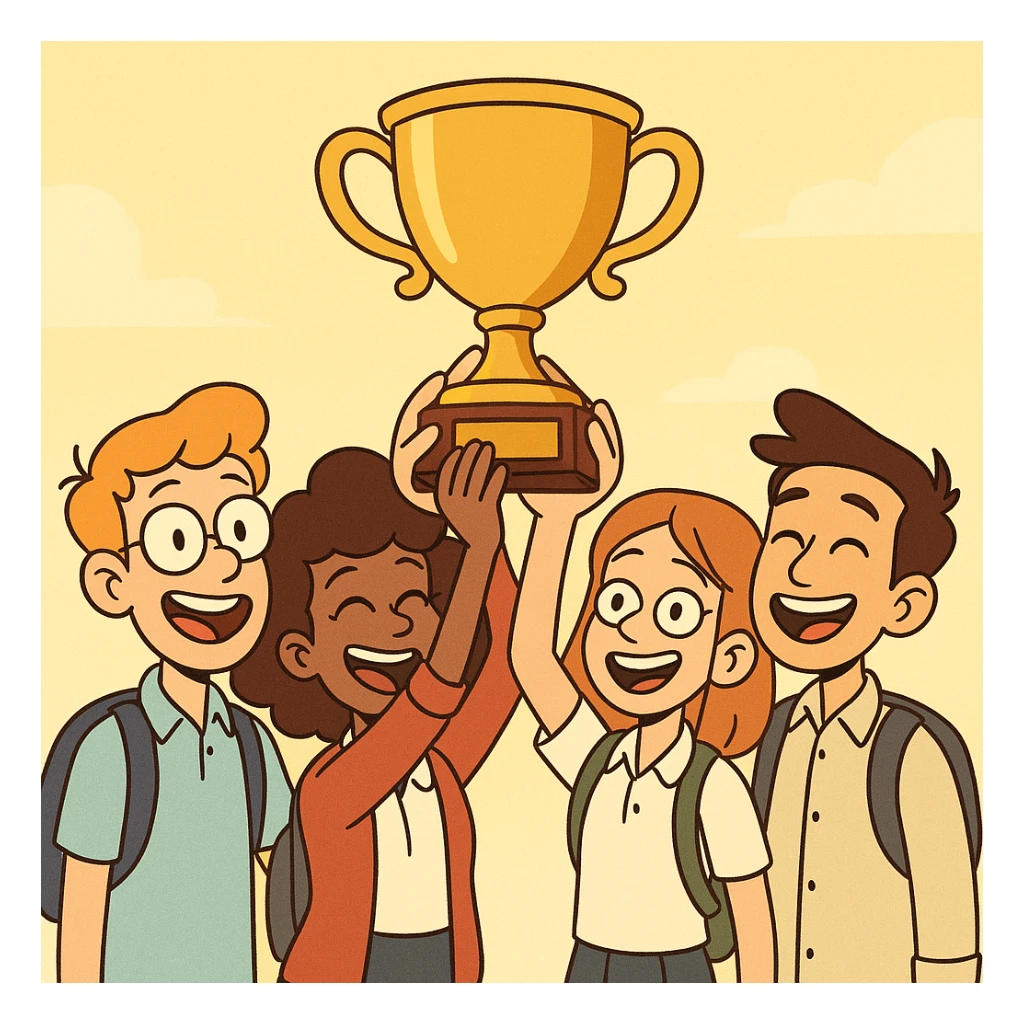 four students lifting a trophy, warm atmosphere, modern cartoon style, smiling faces, bright background sticker