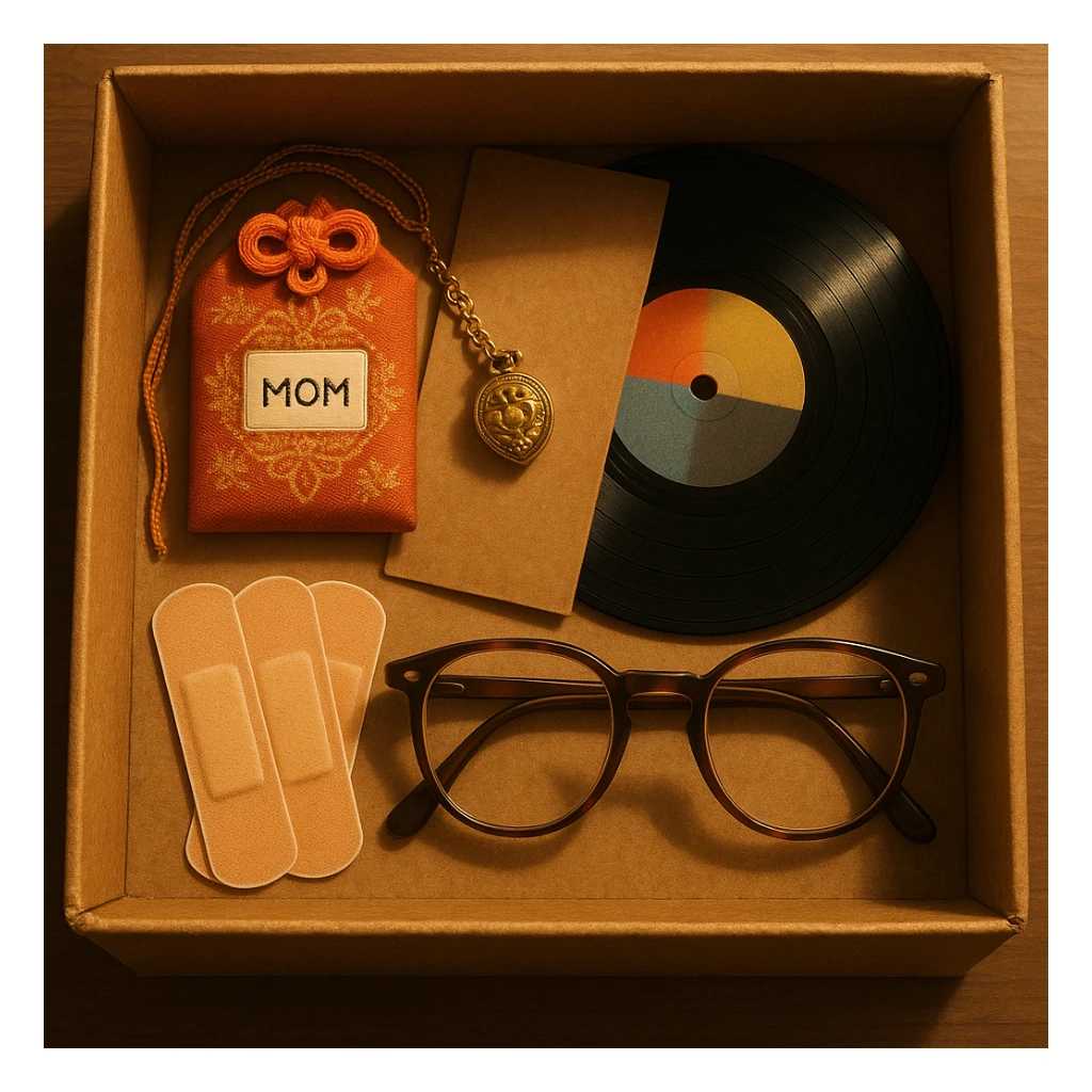 An open box containing a protective amulet from mom, a vinyl record from a friend, bandages, and glasses sticker