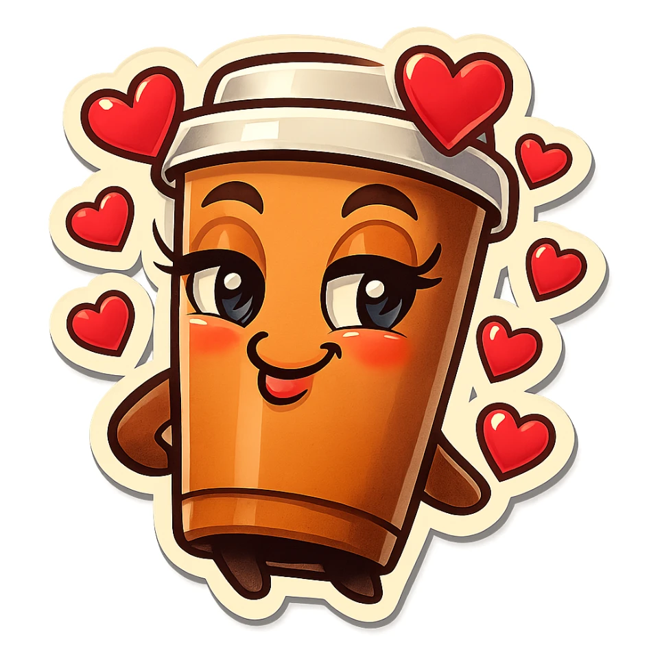 Tall coffee cup, cassanova flirty, gushing with love, dramatic sticker