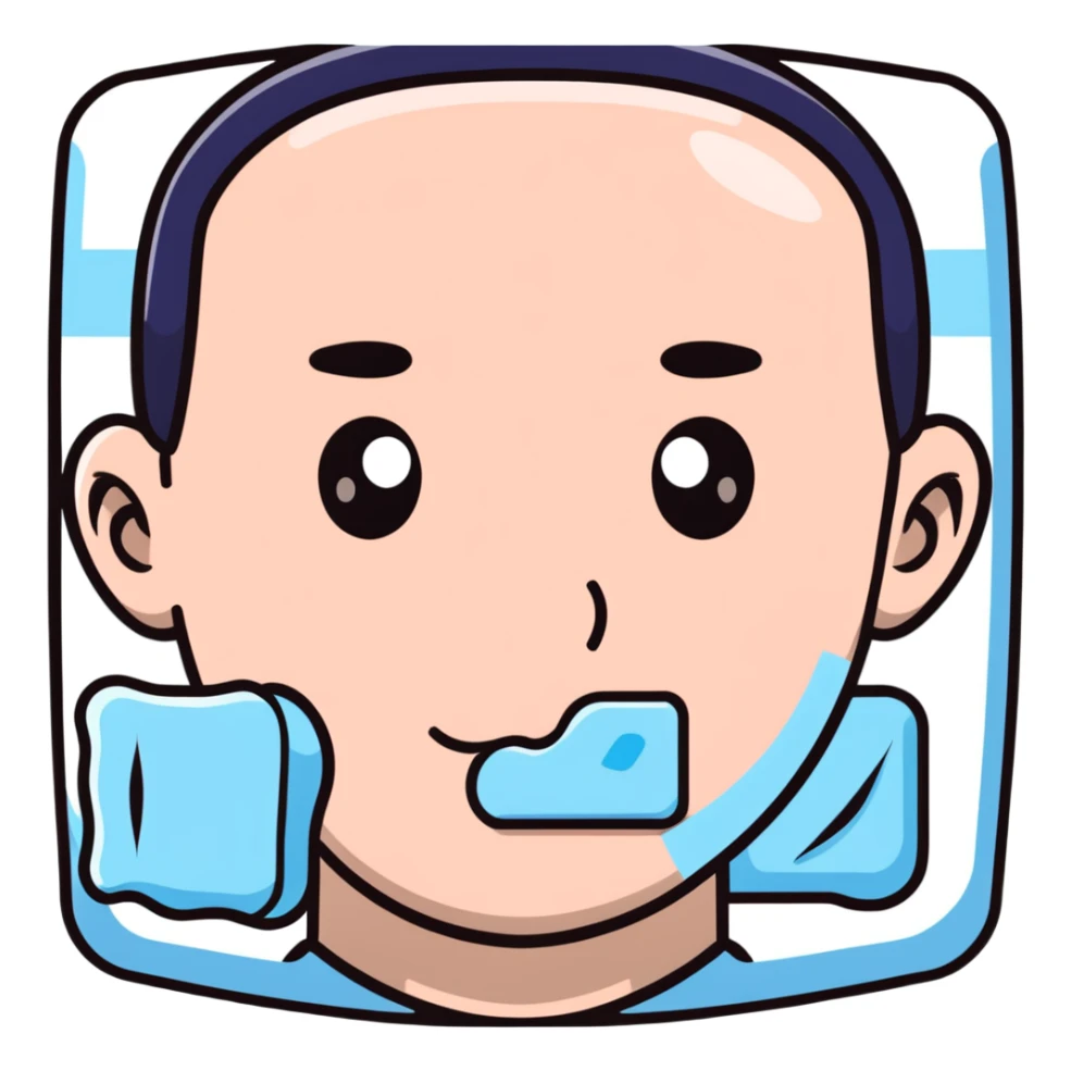 Face with one swollen cheek with square ice pack applied to it sticker