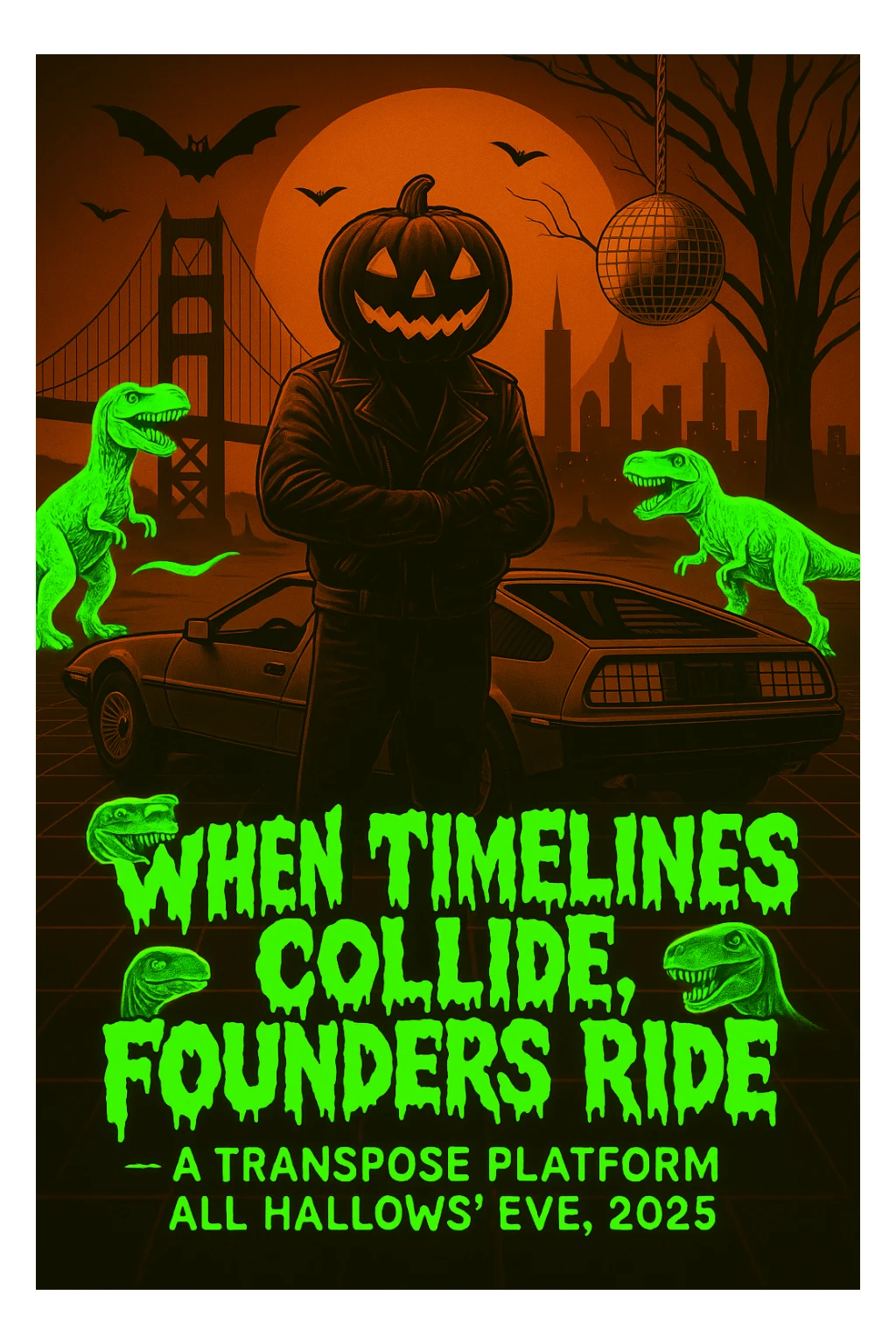 make the dinosaurs a neon green, create a font where the letters look like melting spooky sticker