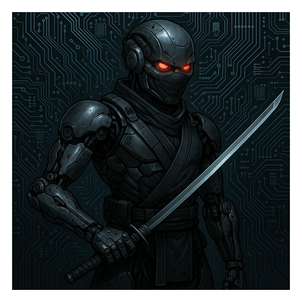 cyber ninja, robotic limbs, red LED eyes, holding a katana, circuit board background sticker