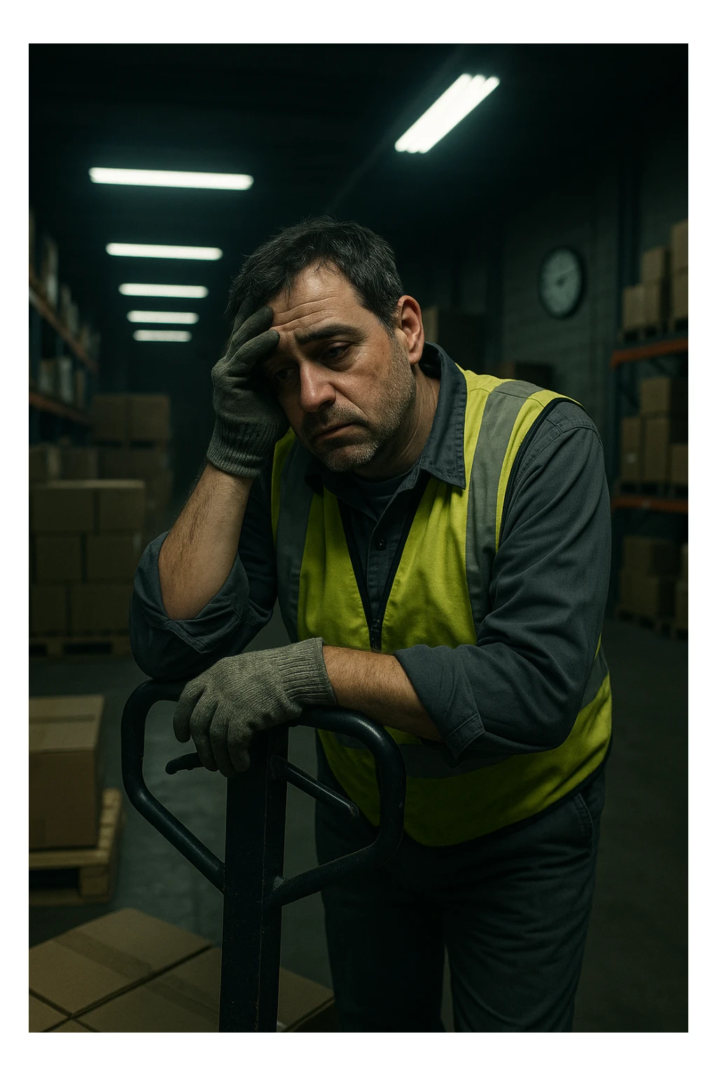 a tired warehouse worker in his 40s, wearing a reflective vest and work gloves, stands under harsh fluorescent lights in a large, dimly lit warehouse. He leans on a pallet jack, eyes heavy with fatigue and dark circles under them. Stacks of boxes and shelves loom in the background, and a wall clock shows it’s the middle of the night. The mood is somber and empathetic. sticker