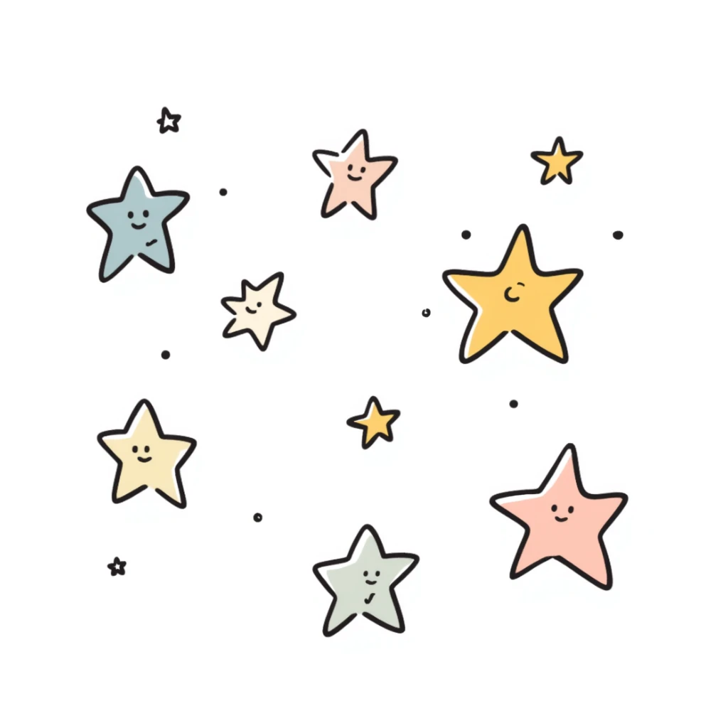 multiple stars in different sizes and shapes in pastel colors dd9fb0, ffc6d3, a3bfc9, c4bee2, f1b091, hand-drawn doodle style sticker