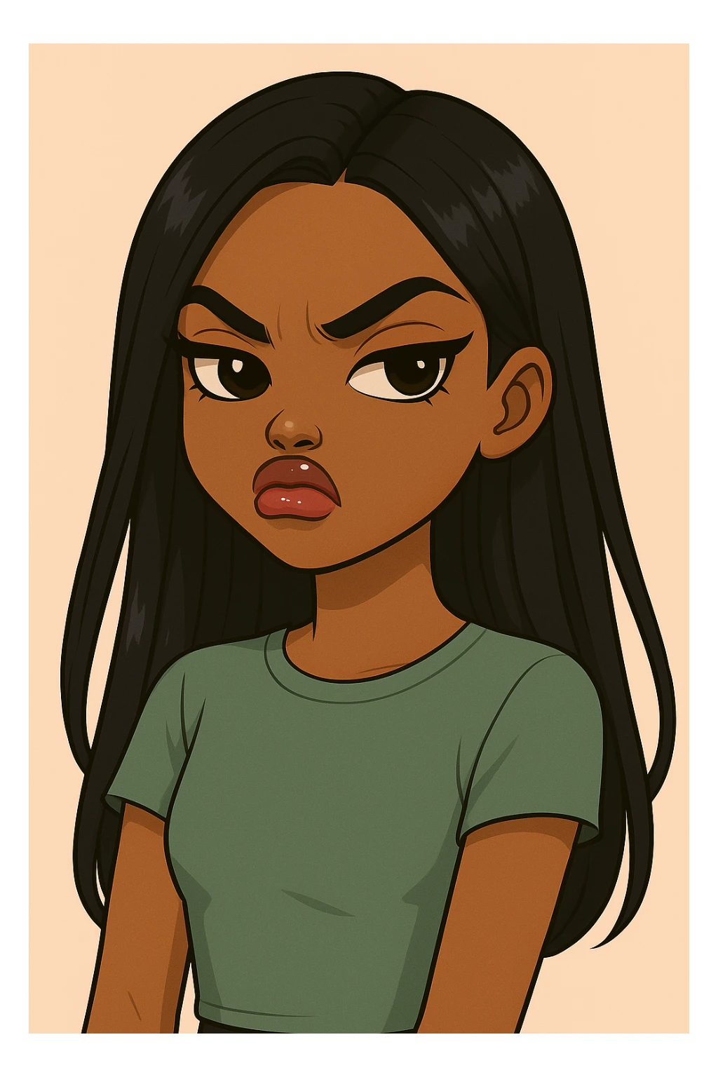 Remove the side-eye, make her look straight ahead with an angry, snooty attitude, nose turned up, headshot only, 20-year-old anime Bratz style woman with dark skin, straight hair, more casual outfit, big expressive eyes, glossy lips, no hat, no tears. sticker