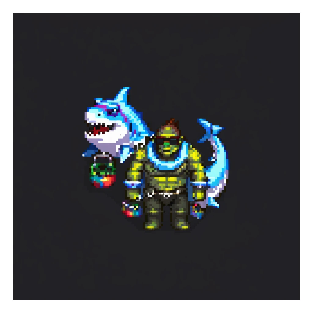 orc male standing in a shark-shaped inflatable floatie, with big sunglasses and a whistle necklace, pixel art style sticker