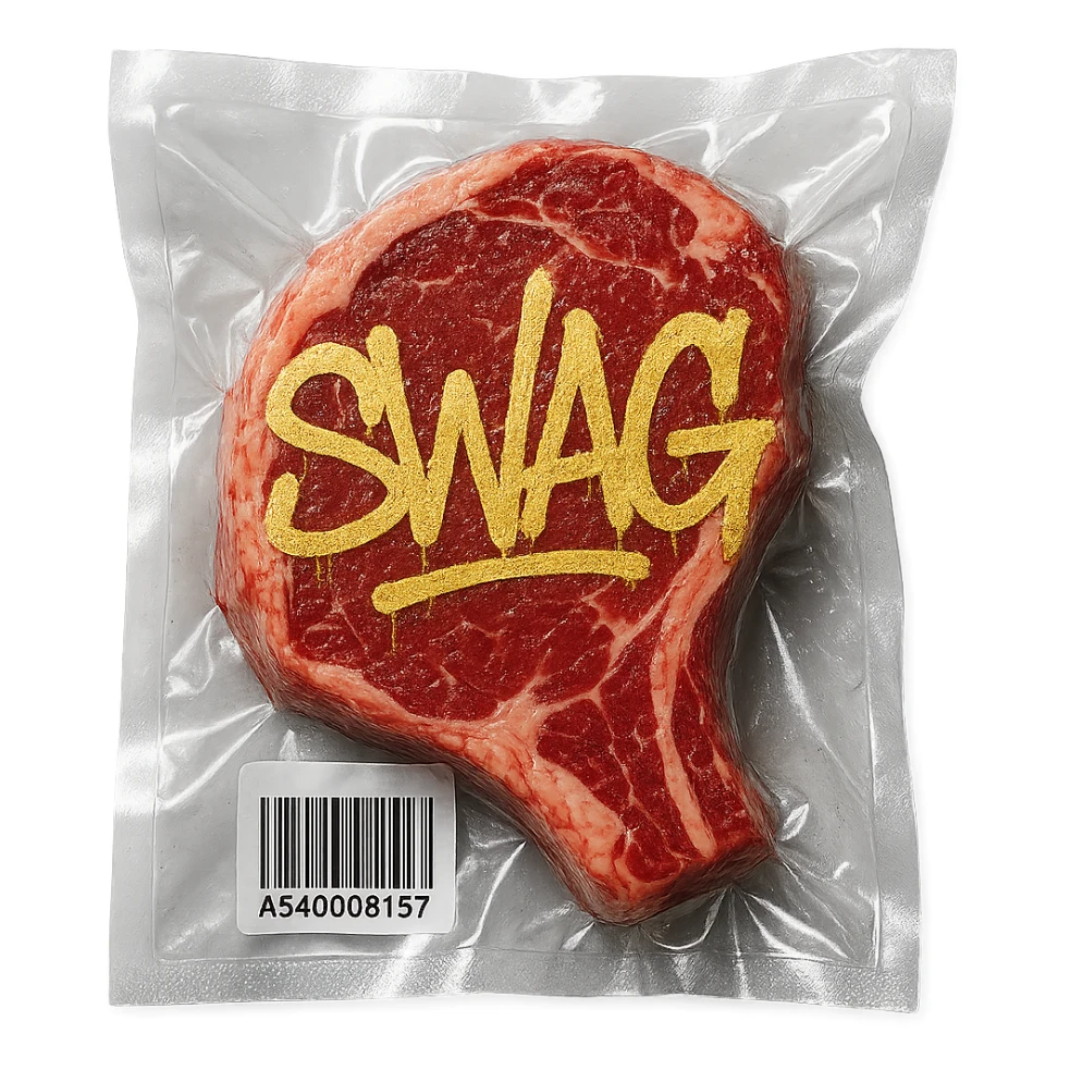 steak with gold graffiti-style 'SWAG' text, glossy, vacuum-sealed style sticker