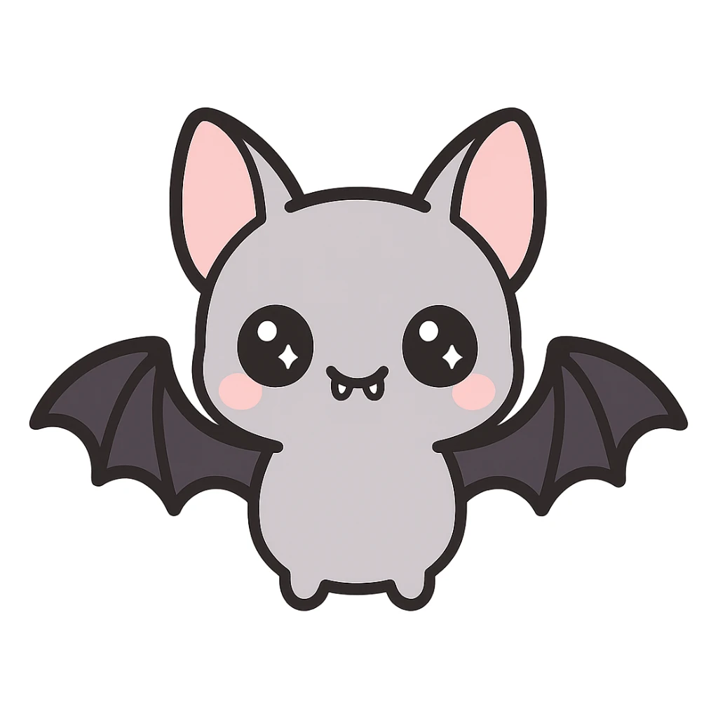 kawaii style bat character, cute face, black and purple wings, big sparkling eyes, tiny fangs, playful and friendly sticker