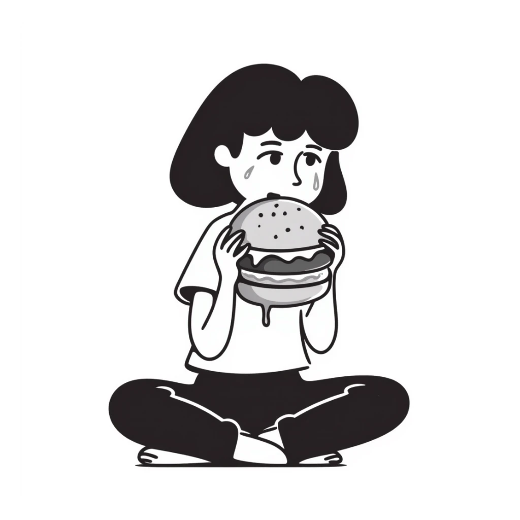 fat girl crying and eating a burger sticker