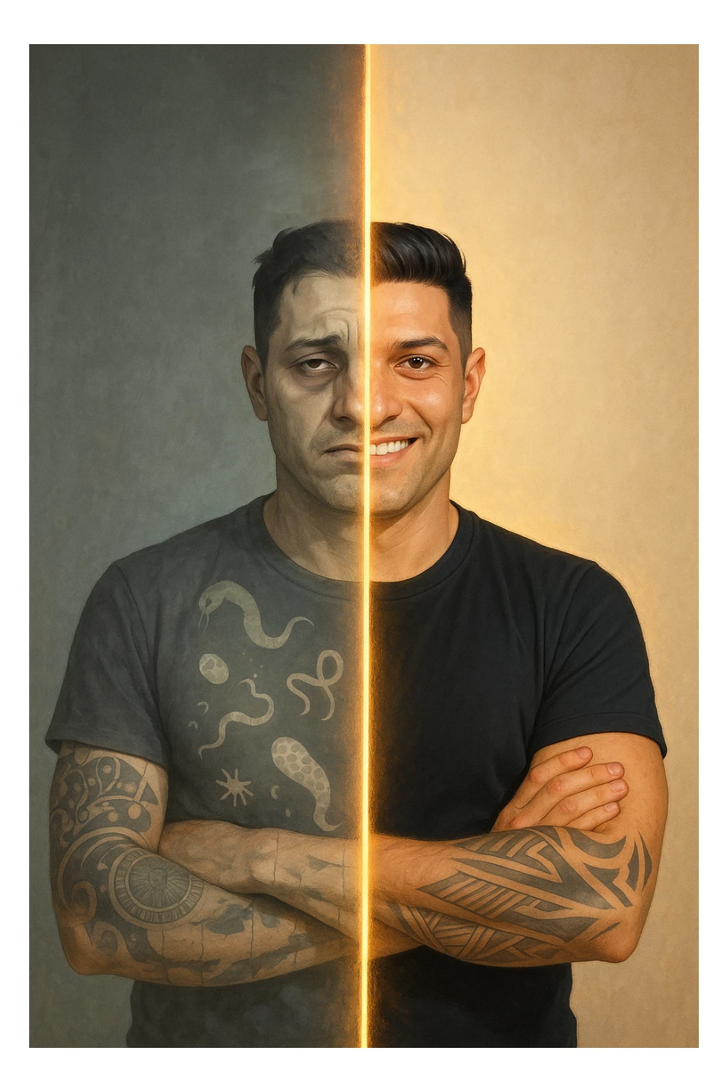 a man is depicted in two halves—on one side, he appears tired and weighed down, with faint, ghostly images of parasites visible inside his torso; on the other side, he is vibrant and healthy, with clear skin and bright eyes, the parasites gone. A visual transition or glowing line separates the two states, symbolizing recovery. sticker