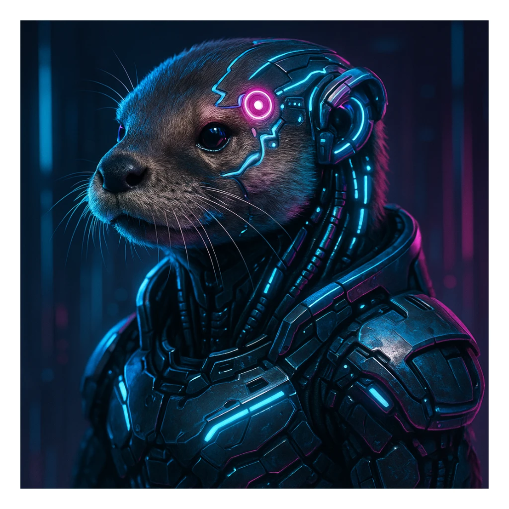 cyberpunk otter with neural interface, neon blue and pink reflections, sleek tech details sticker