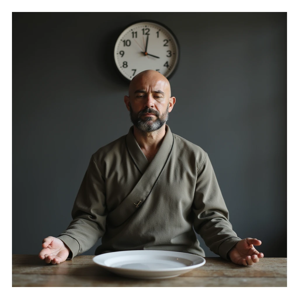 Hyperrealistic 4K image of a man meditating in front of an empty plate, clock indicating 23 hours of fasting, Zen minimalist environment, detailed facial features reference. sticker