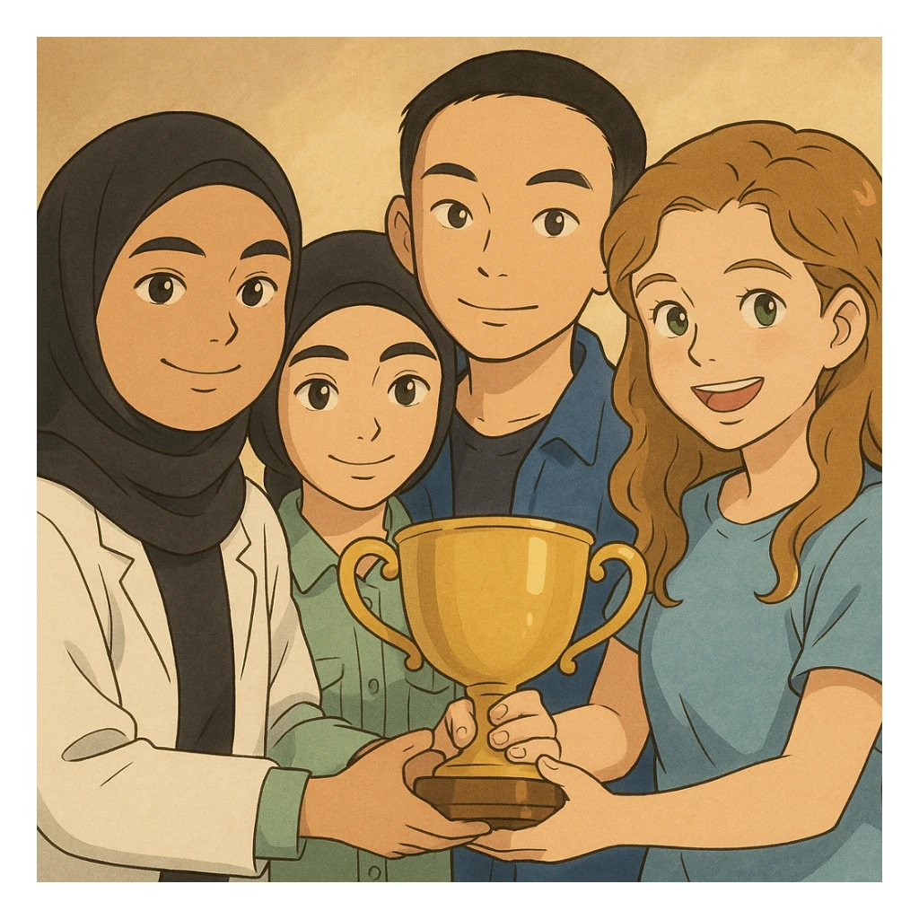 Four characters inspired by the reference photos, in Ghibli style, smiling, holding a trophy together, warm and friendly atmosphere. Generate the second variation. sticker
