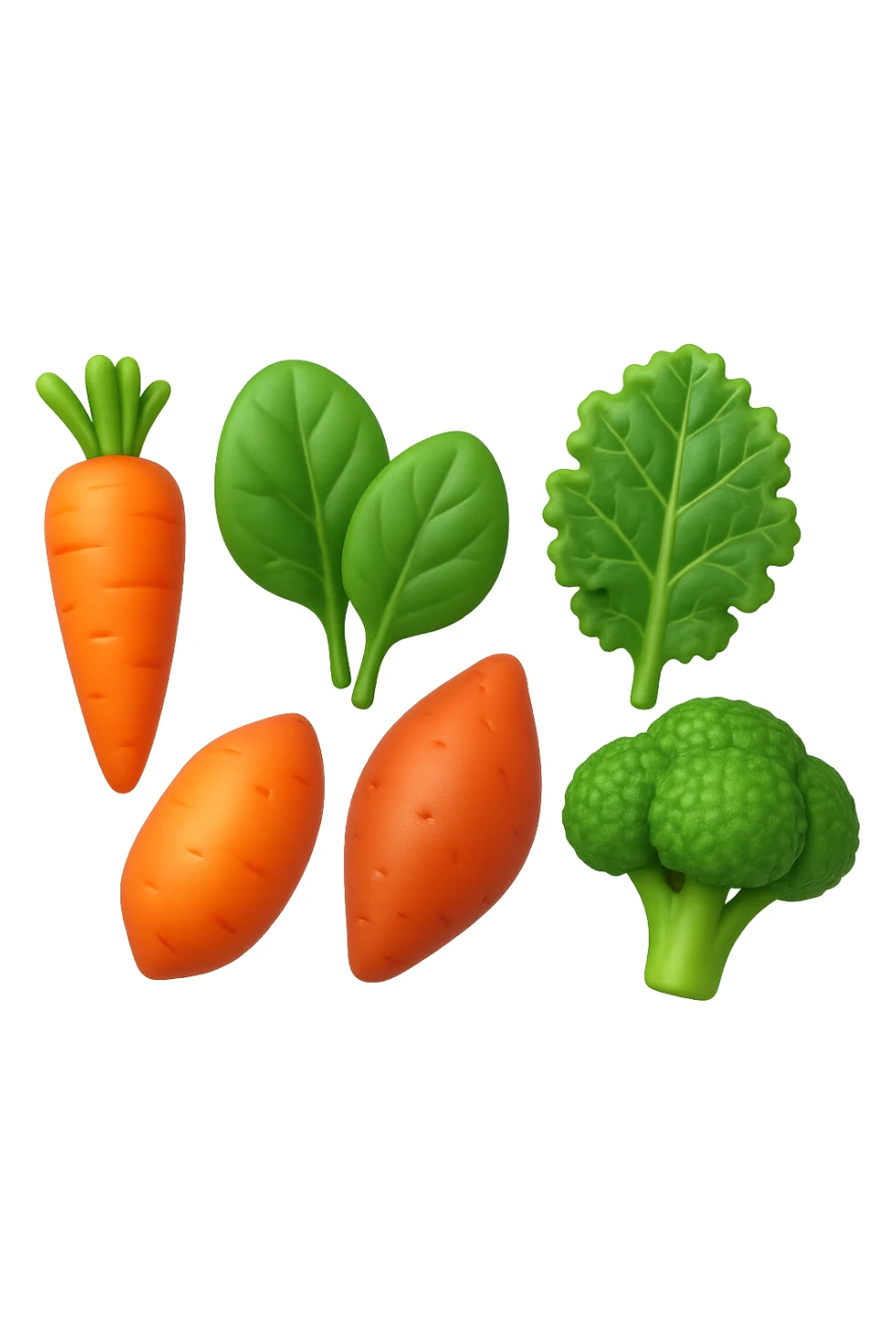 emoji 3d stile iphone di cinque cibi vegetali, vitamina A e glutammina che fluttuano in aria 3d sticker