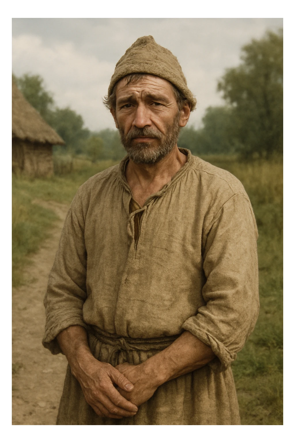 a real-life peasant, historically accurate, simple clothing, humble expression, standing in a rural setting, natural colors, realistic style sticker