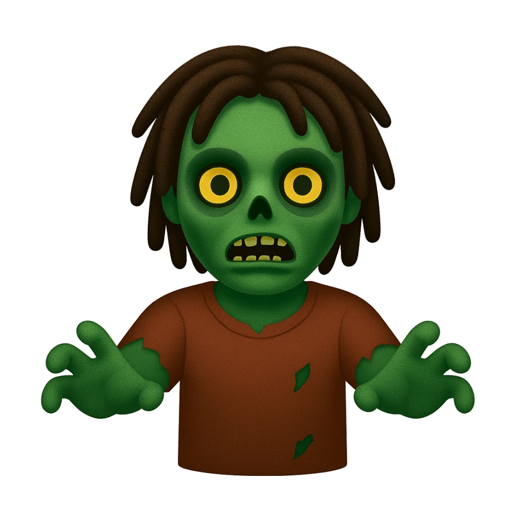 Transform the person in the image into a zombie with dreadlocks, classic green skin, and arms outstretched, in the style of emoji. The style should mimic the concise and simple look of apple style emojis with clear zombie features and green skin tone. sticker