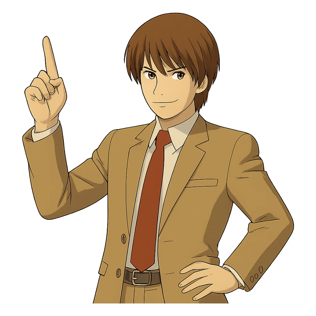 Create an exact Light Yagami in Ghibli style, standing with one hand pointing upward, wearing the same suit, with the same confident expression, on a transparent background. sticker