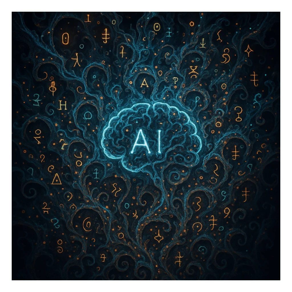 AI visualized as a shifting fractal intelligence with glowing symbols and incomprehensible forms sticker
