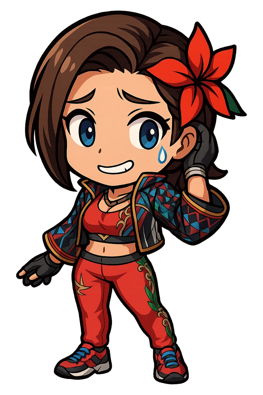 Azucena from Tekken 8 in chibi sticker style, with a sweat drop and nervous smile, wearing the detailed red and patterned outfit from the reference images, designed for Twitch emote use. sticker