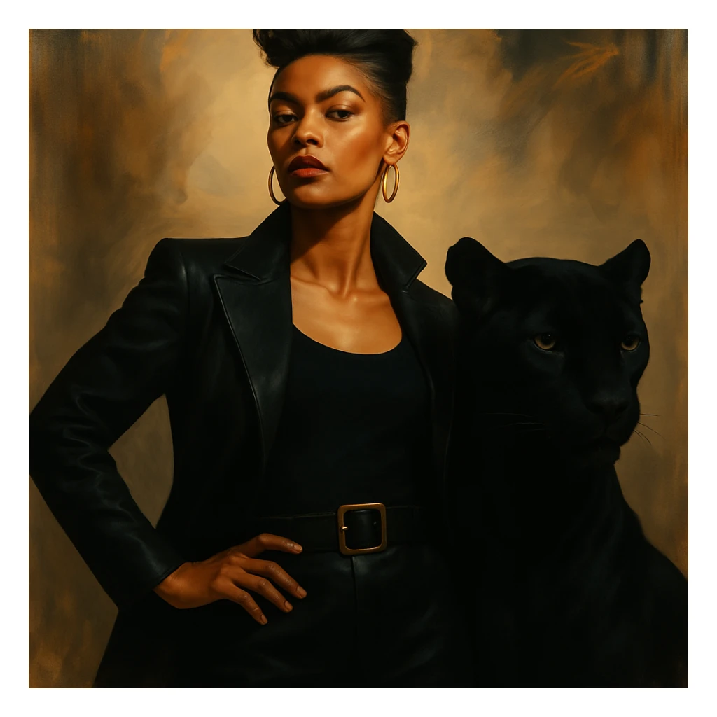 Make the panther black while keeping the woman and background unchanged. Artistic and detailed style. sticker