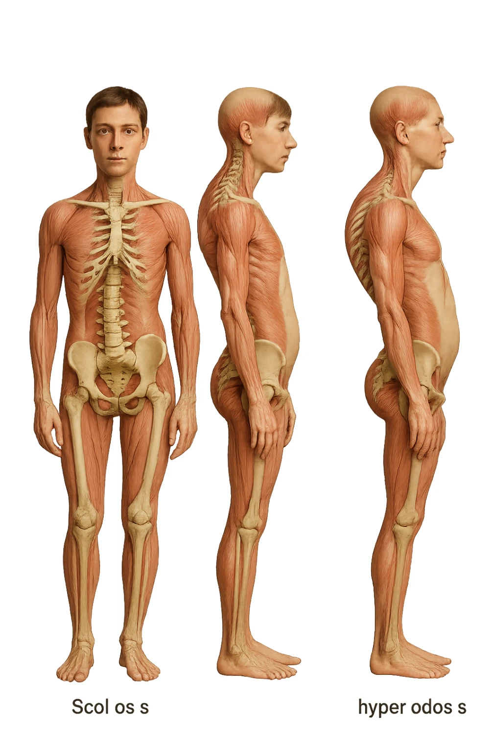 fai un immagine identica che riguarda 3 posture scorrette: scoliosi, ipercifosi e iperlordosi. falla iperrealistica anatomica in 4k con spina dorsale storta in evidenza su ogni figura sticker