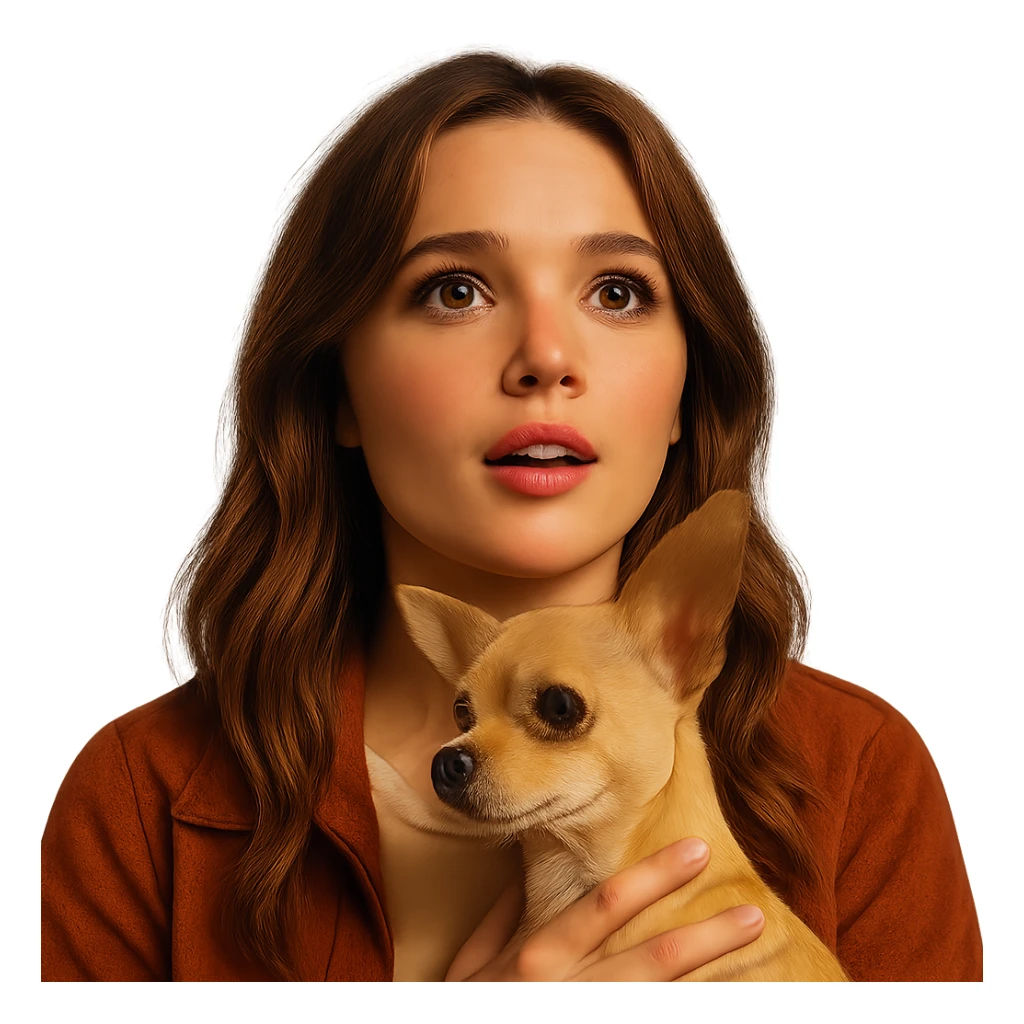Portrait centered for Instagram profile picture, inspired by the facial features visible in the reference images, with a tanned complexion, subtle freckles, shirt color #FFF8CA, rust-colored jacket, medium-length brown hair with auburn highlights, admiring and amazed expression, holding a beige-brown chihuahua, Netflix series style, transparent background, intimate Tenerife ambiance. sticker