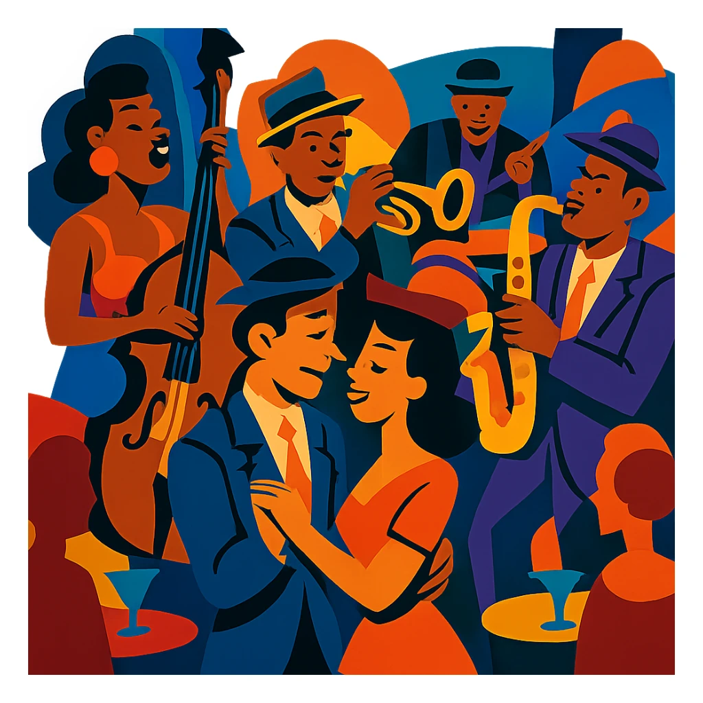 1940s jazz nightclub scene, vibrant toon style, energetic colors, no text sticker