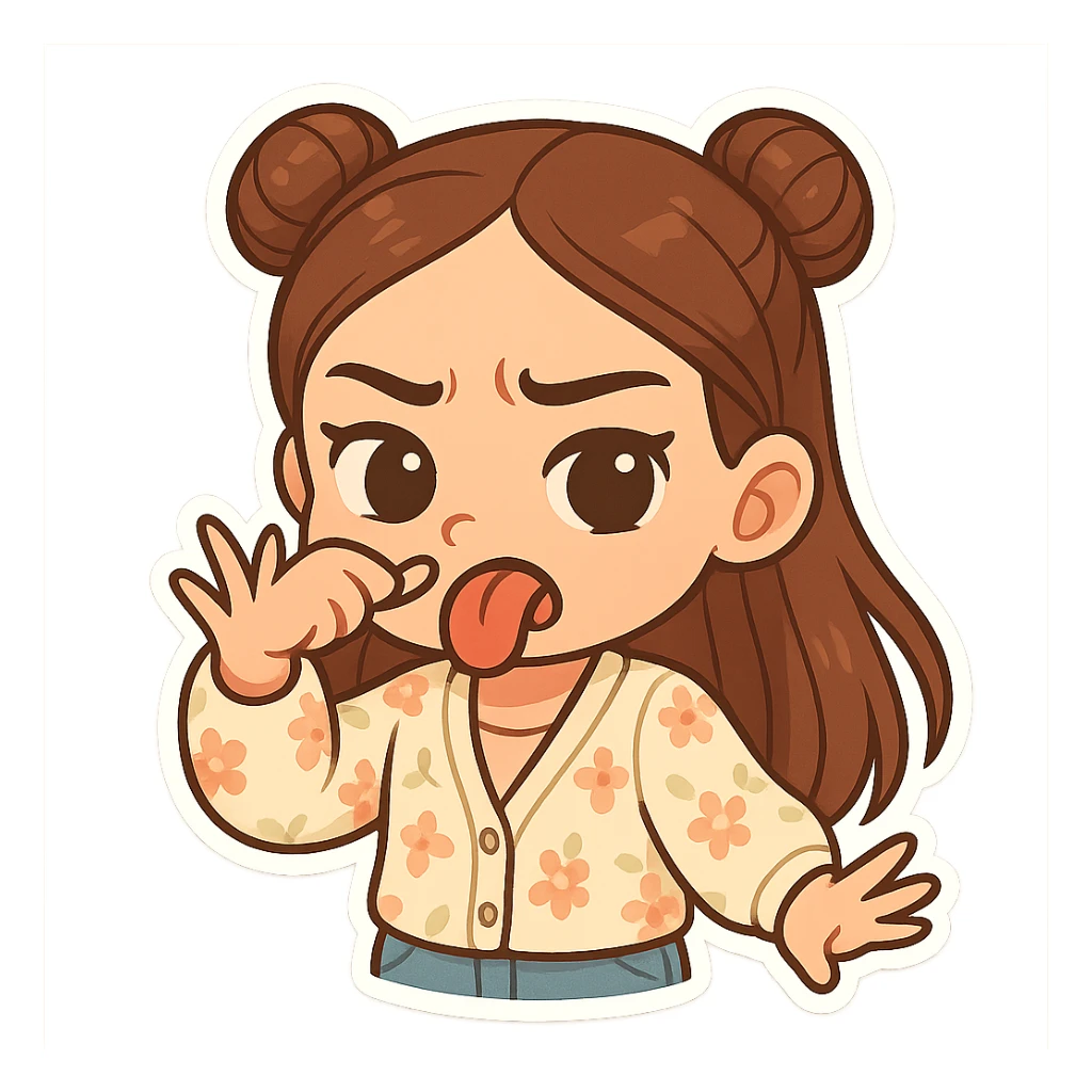 Create a chibi sticker of the girl from the reference image. She has brown straight hair in double buns, brown eyes, wearing a pastel floral cardigan and jeans. She is sticking out her tongue and waving her hand in front of her nose with a disgusted expression. The sticker should have a white outline and a transparent background, 512x512px. sticker