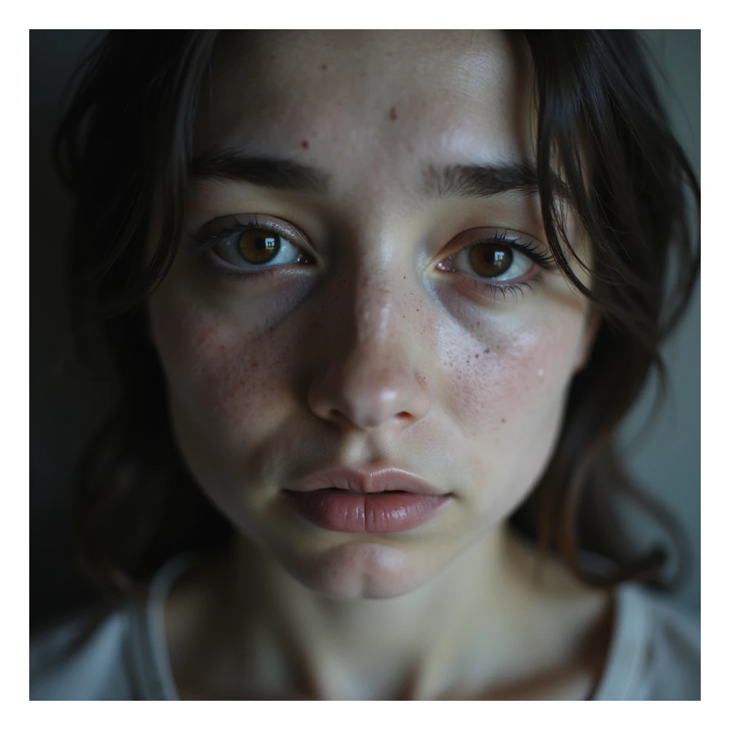 hyperrealistic close-up of a female face with deep dark circles, pale skin, very tired expression, lost gaze, realistic details, 4K quality, neutral background sticker
