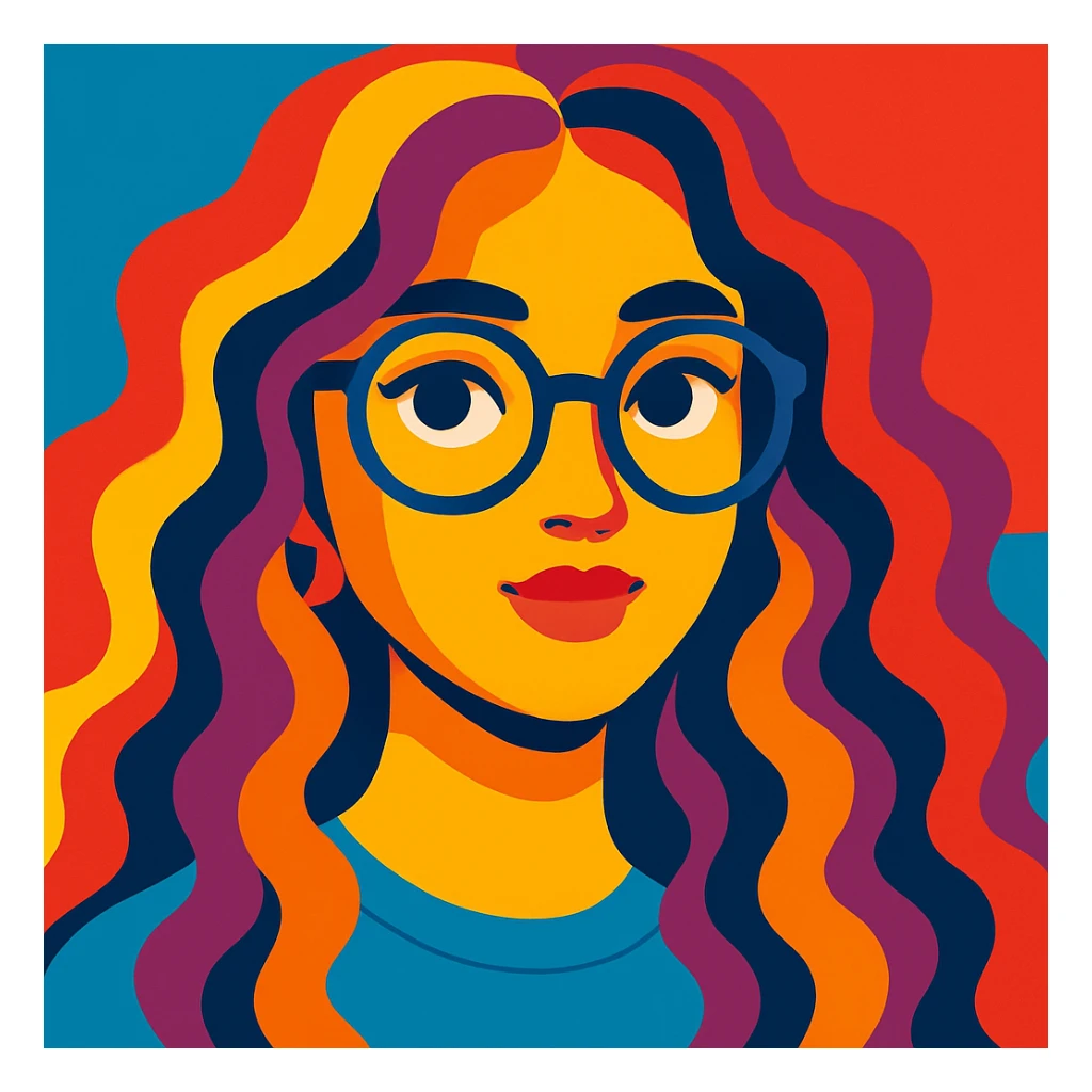 female face with long curls and glasses, young trendy style, bright palette sticker