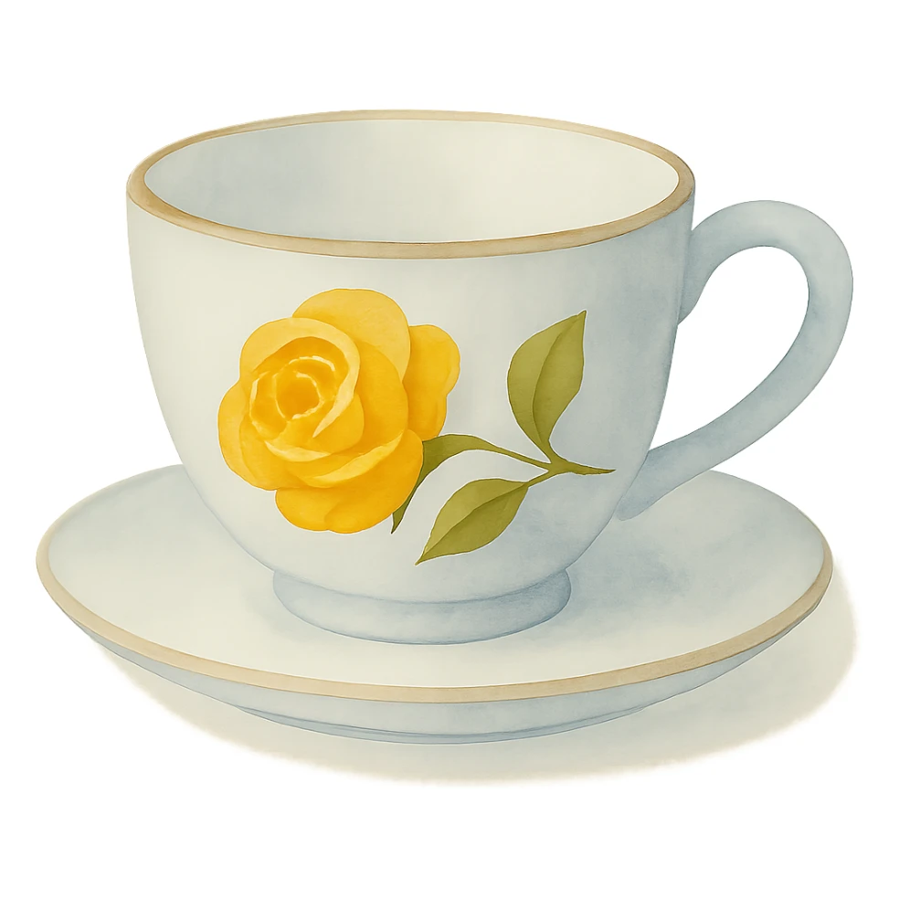 Add a gold rim to the light blue tea cup, make the cup a little shallower, and paint a yellow rose on the outside of the cup. Keep the dreamy, painterly watercolor art style with transparent background. sticker