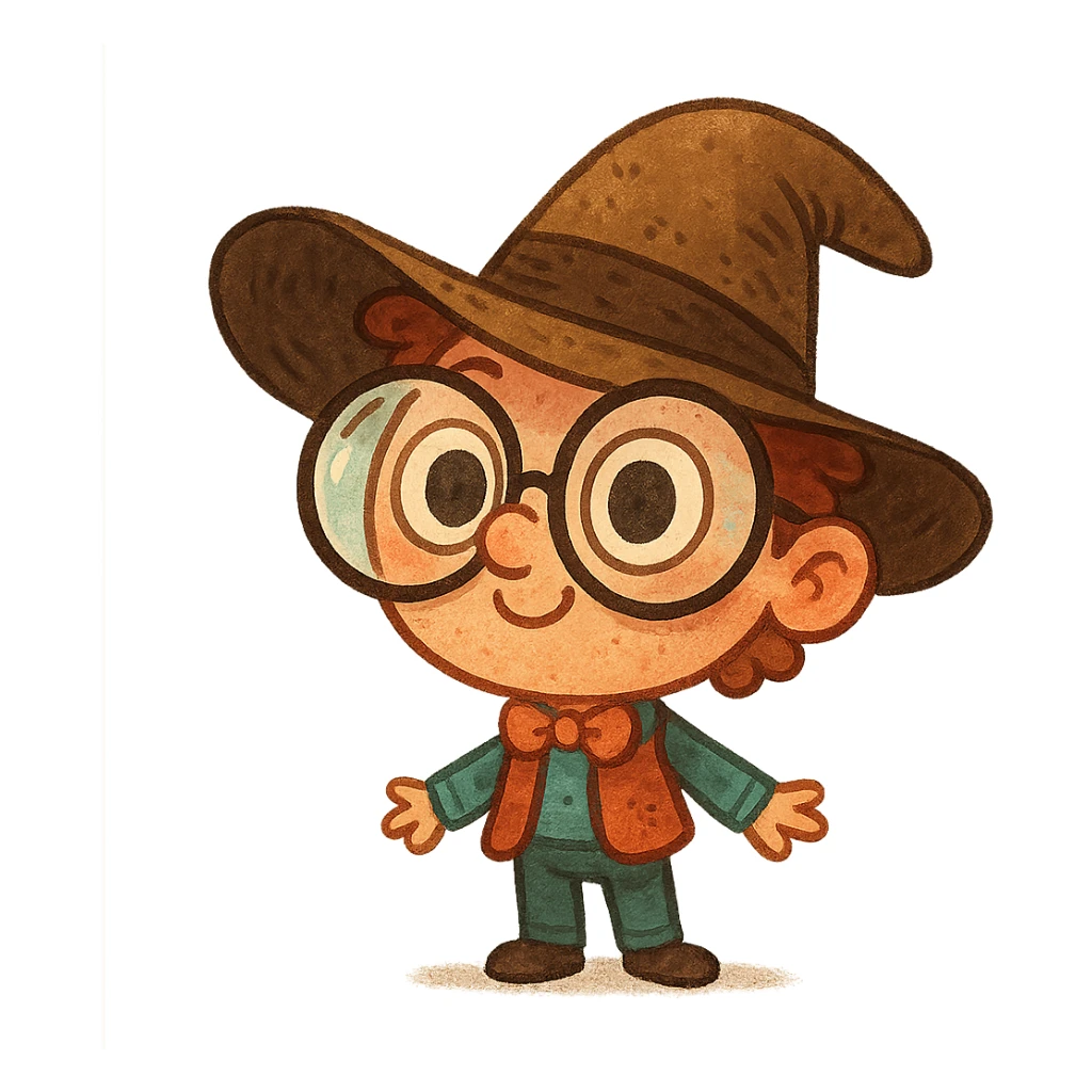 whimsical character with oversized glasses and a hat sticker