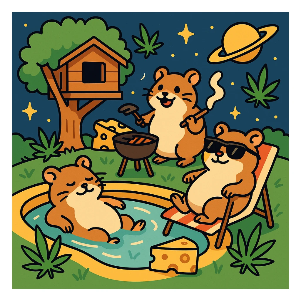 Discord server icon, square format, summer pool cookout with up to 3 hamsters relaxing and having fun, weed leaves, cheese, THC theme, no disco ball, no Discord logo, near a treehouse, possibly in space, flat toon style, soft but colorful, bold outlines, nostalgic, fun, inviting, summer party vibe, clear composition sticker