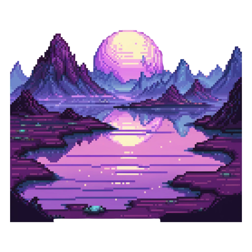 Alien planet with purple sky and glowing rivers in pixel art style. sticker