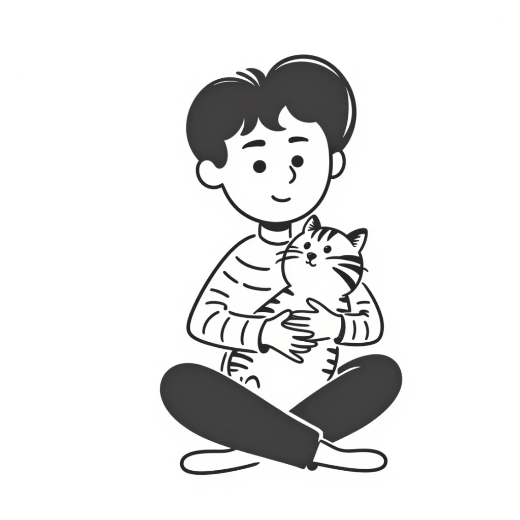 A boy sitting cross-legged with a tabby cat in his lap sticker
