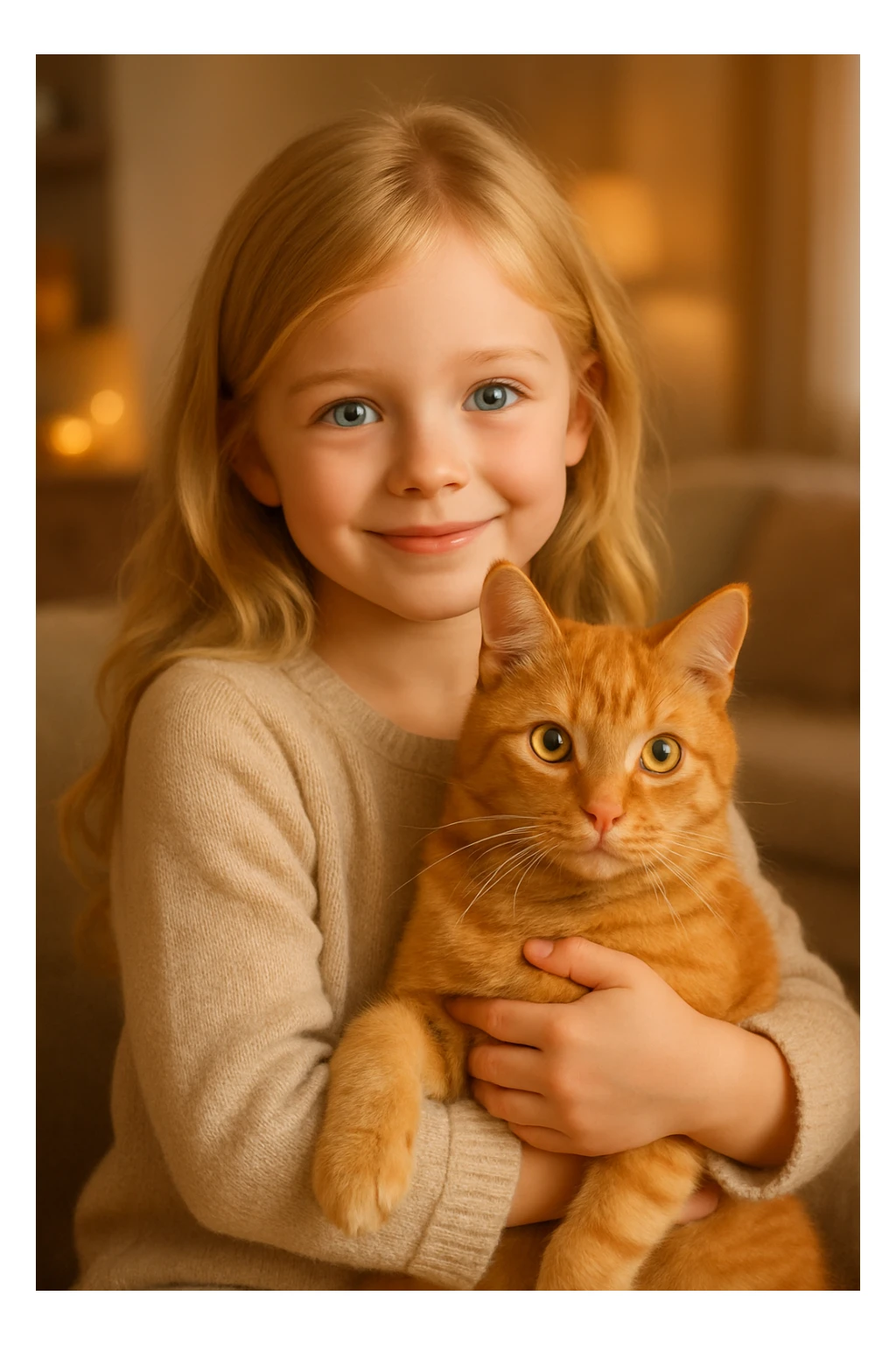 a blonde girl with blue eyes holding an orange tabby cat, friendly and cute sticker