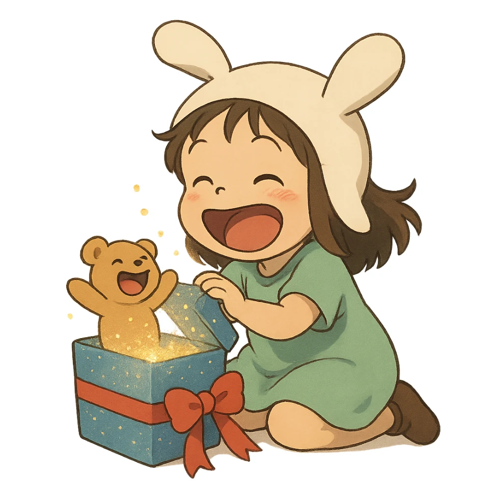 laughing chibi cute girl with a bunny hat unwrapping a magical glitter gift box with a small laughing teddy bear inside the gift box, full body, clean and polished, no imperfections, soft Ghibli style sticker