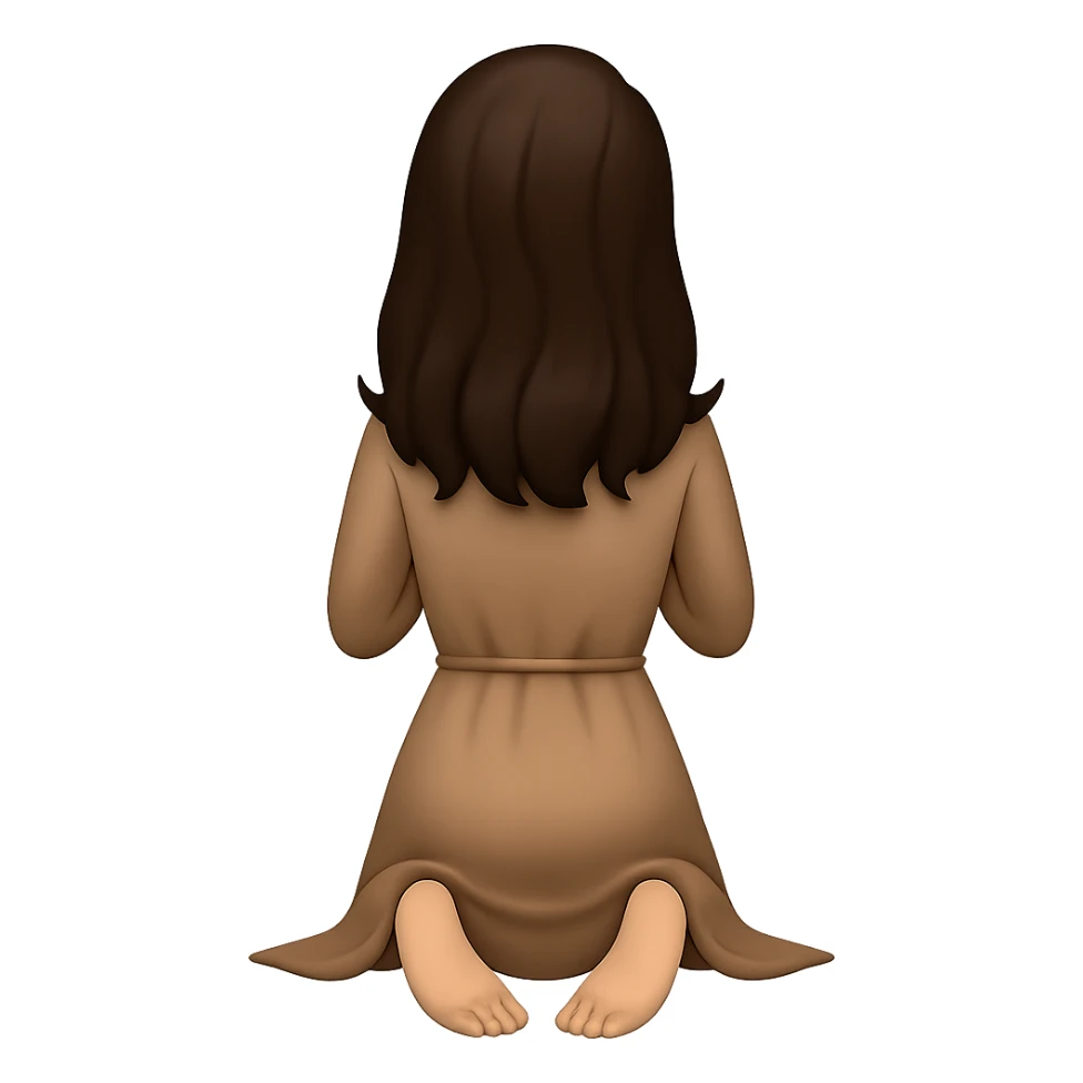 Create a woman kneeling and praying from the back view, with her feet visible and out behind her, wearing a long tan dress, with dark brown hair, matching the body figure of the reference image. The style should resemble emoji style. Remove the background. sticker