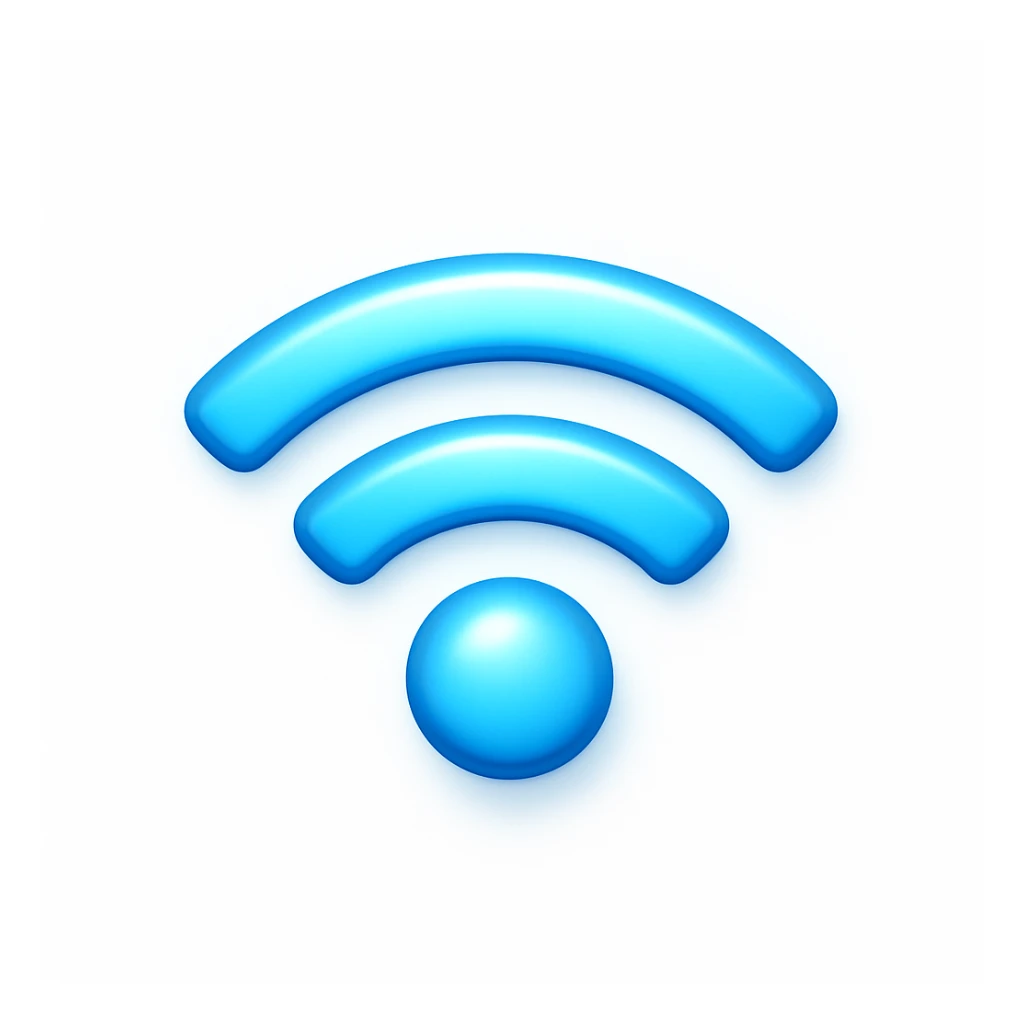 Create a wifi symbol emoji exactly like the reference image in iOS emoji style. Match the same shape, color, and glow effect, ensuring it is smooth and shiny. Add a soft shadow to the emoji. sticker