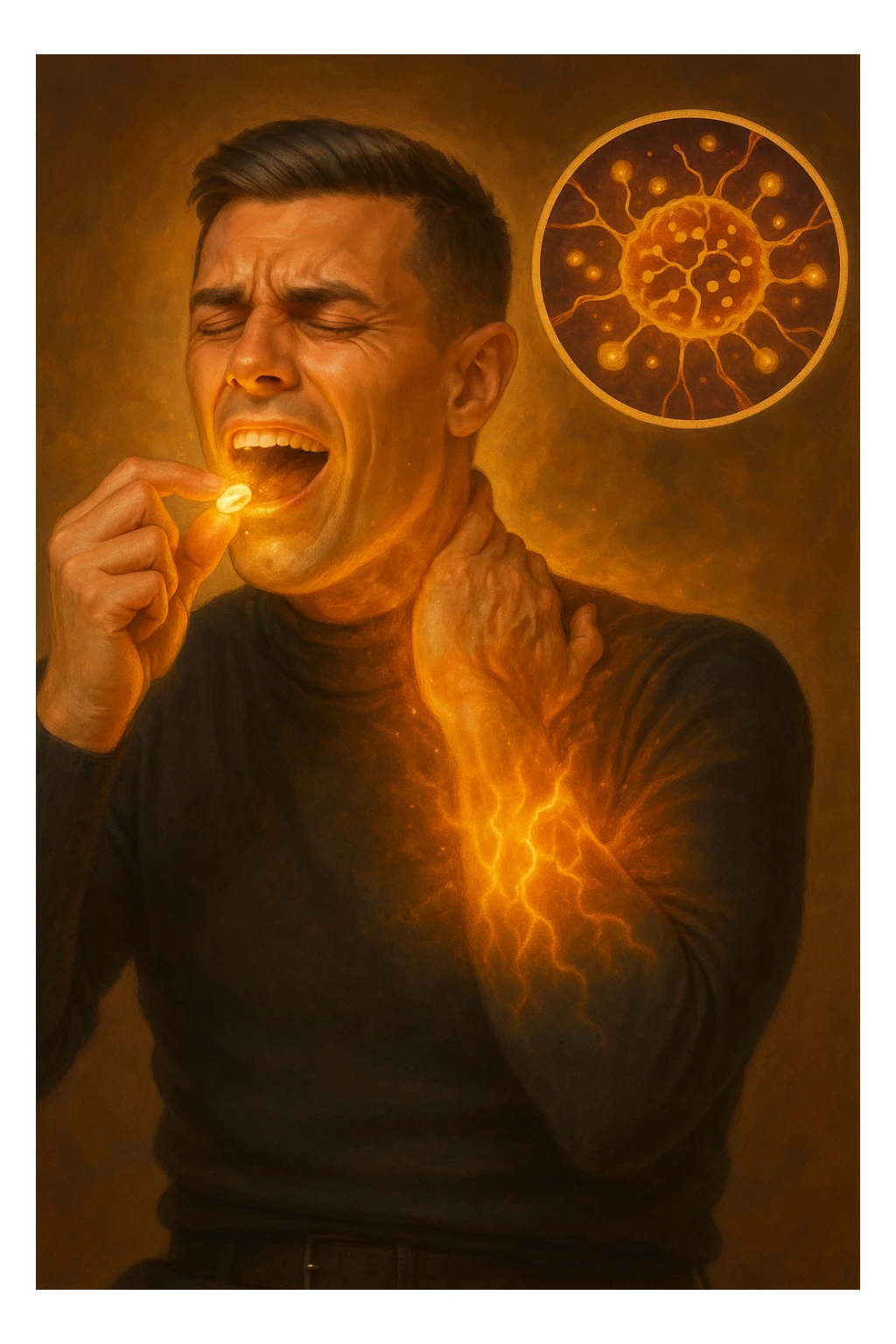 "Man taking simple sugar tablet believing it's powerful medicine, golden healing light emanating from pill as it dissolves, his chronic pain visibly dissolving as relief spreads across his face, expression transforming from suffering to amazement, brain chemistry changing through pure belief, microscopic view showing endorphins releasing purely from expectation, body healing itself through mind's conviction" sticker