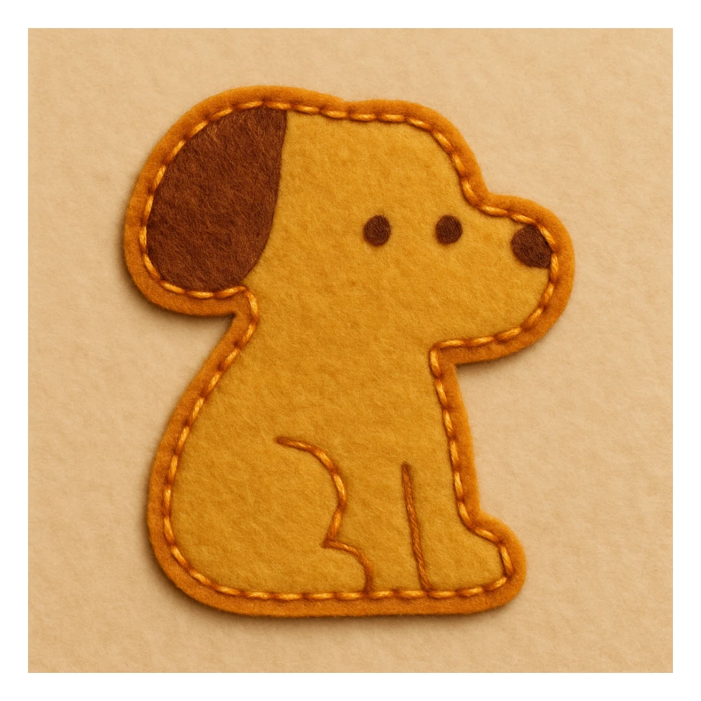 Minimal felt appliqué dog icon, low-detail, smooth rounded edges, moderate contrast orange stitched border, soft matte felt texture, warm brown and yellow palette, small dot eyes, no mouth, flat angle, soft beige background sticker