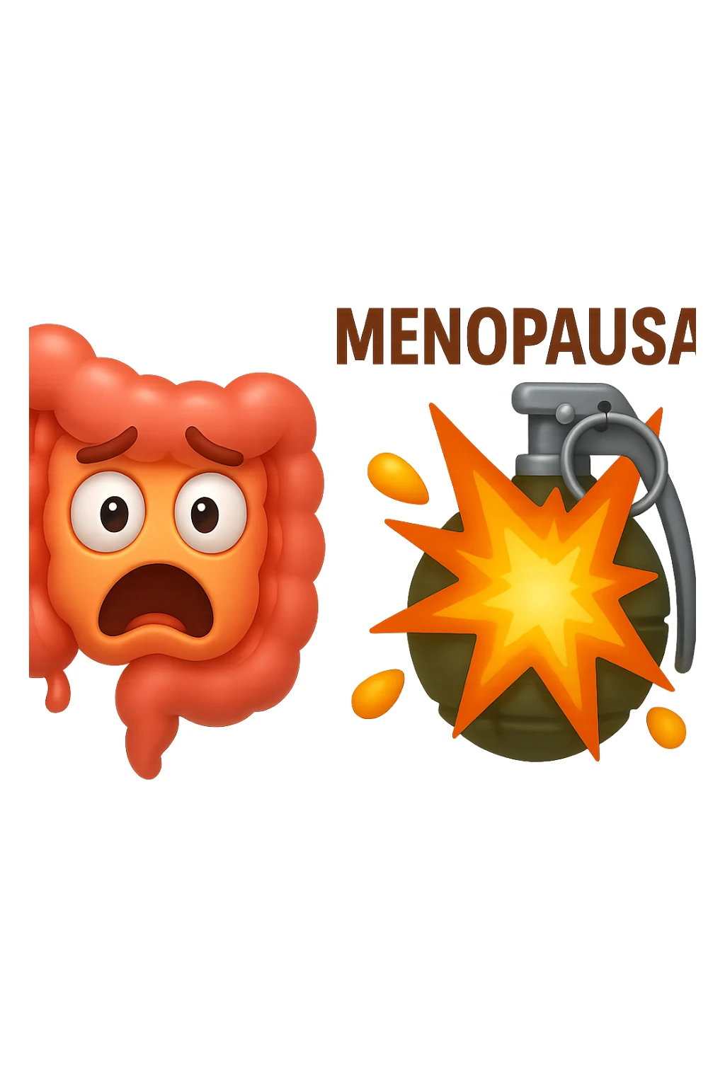 EMOJI STILE IPHONE 3D DI INTESTINO 3D CON ESPRESSIONE SPAVENTATA IN VOLTO MENTRE ACCANTO A LUI SCOPPIA UNA GRANATA 3D CON LA SCRITTA "MENOPAUSA" SOPRA, FAGLI ANCHE LA PARTE BIANCA DEGLI OCCHI, NON SOLO LA PUPILLA sticker