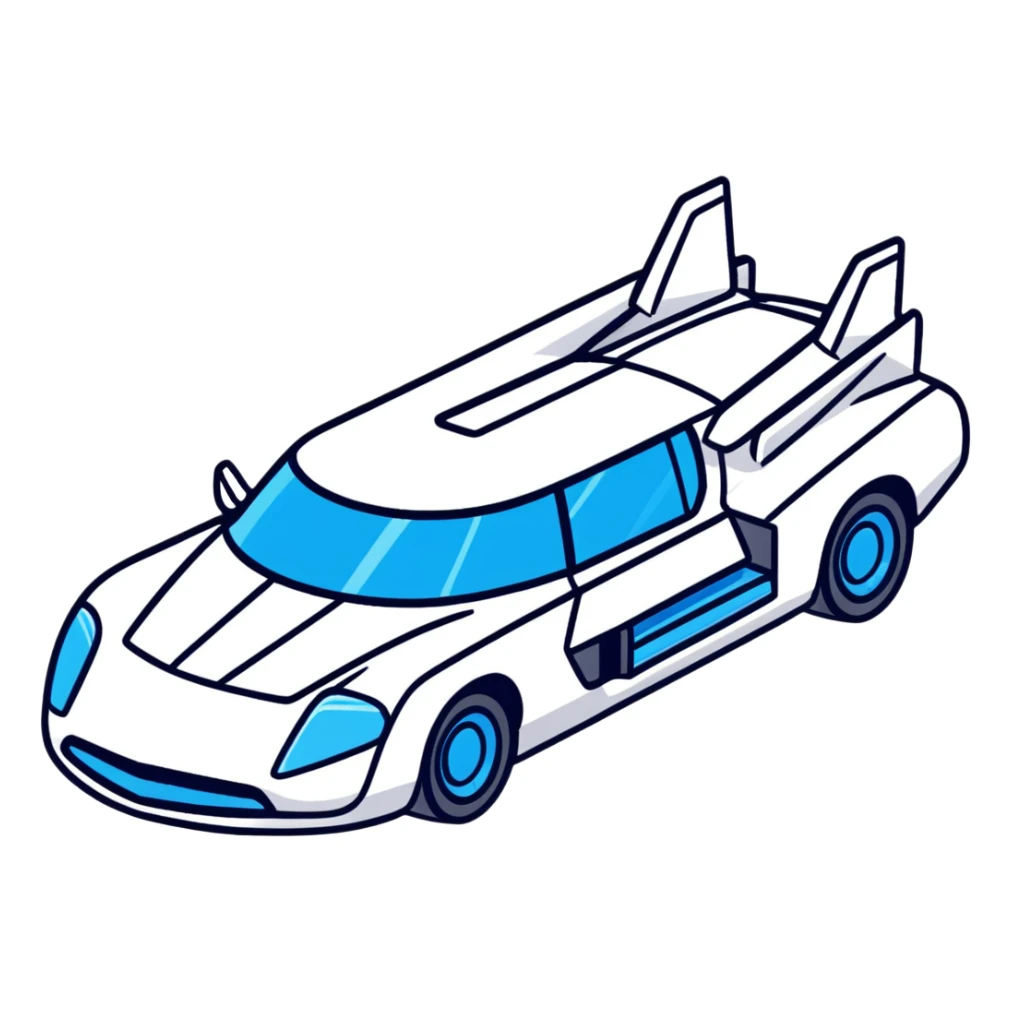 Retro-futuristic hover car inspired by the DeLorean, gullwing doors, silver metallic body with blue-tinted windows, stylized jet boosters in the back, flat vector style, outlined shapes, minimal design sticker