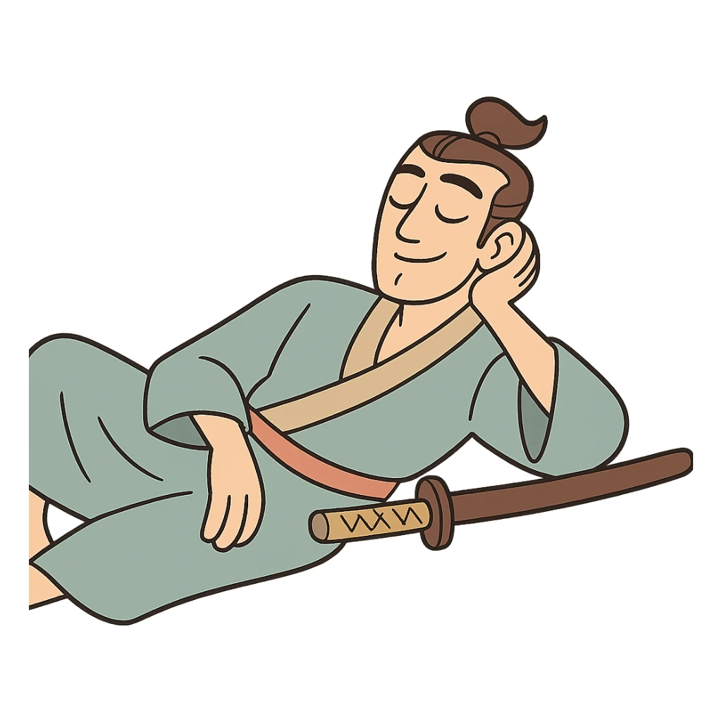 chill samurai, lounging, traditional kimono, serene expression, pastel palette sticker
