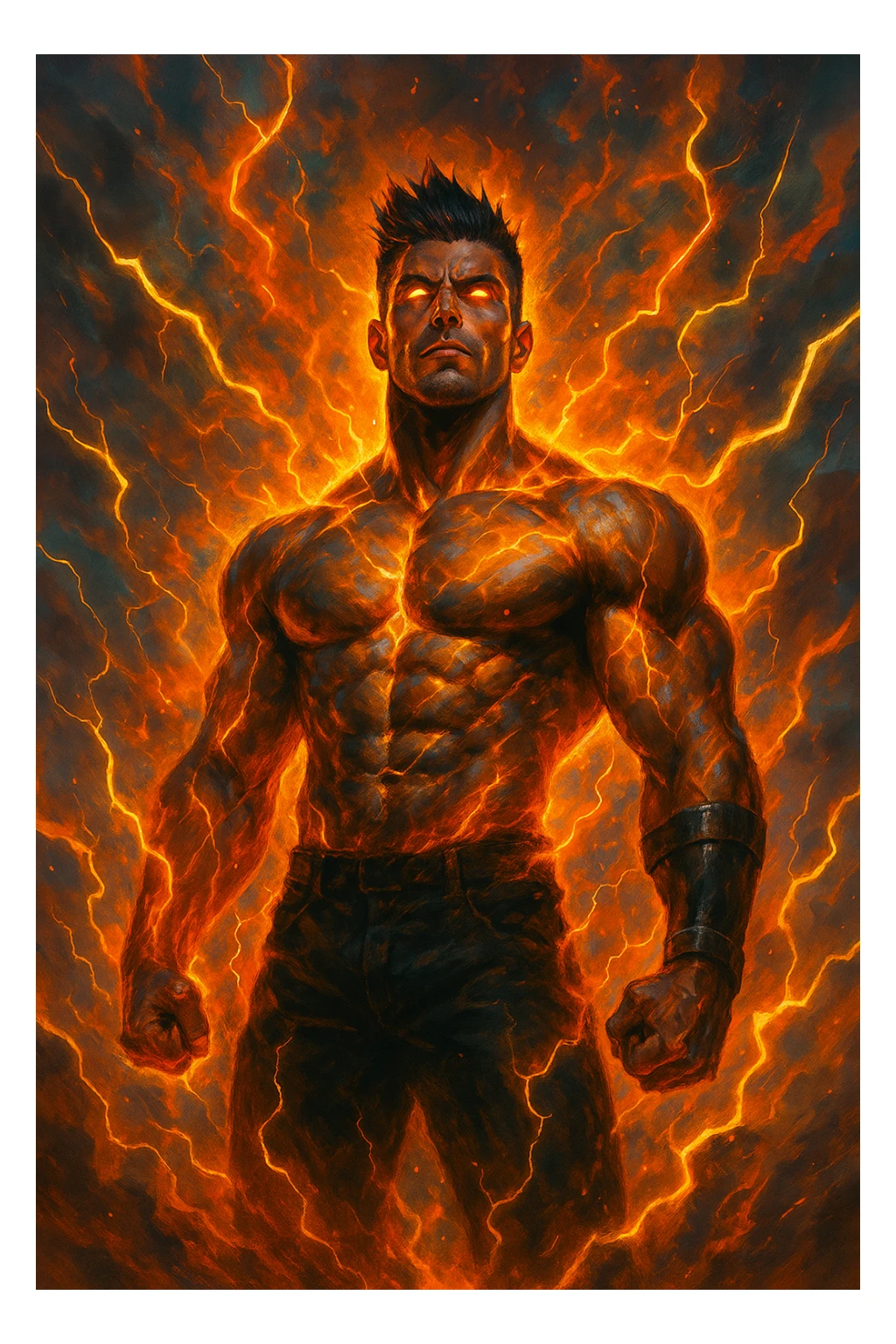 a muscular man with spiky hair stands in a powerful pose, surrounded by a glowing, fiery aura His eyes are intense and determined, and his body radiates energy and confidence. Lightning bolts and energy waves crackle around him, symbolizing a surge of testosterone and vitality. The background is dramatic, with swirling clouds and vibrant colors. sticker