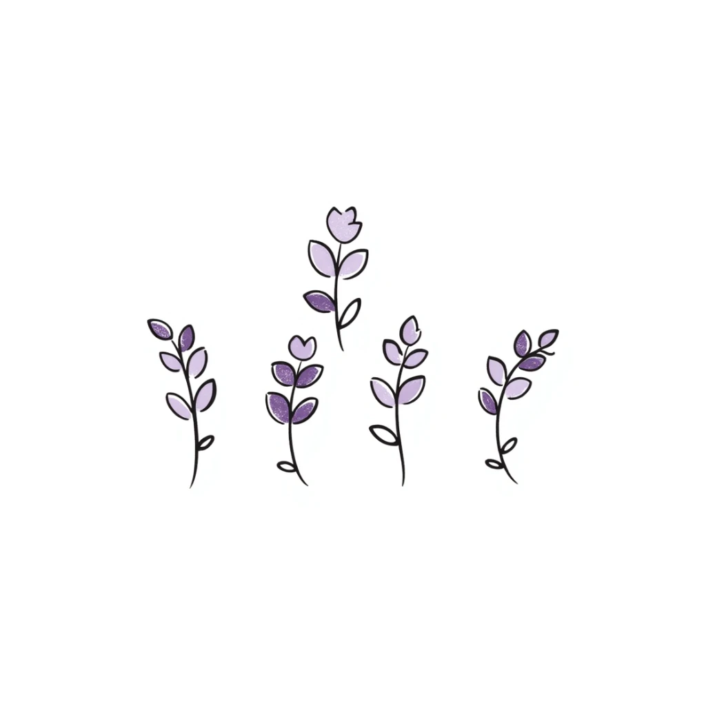 Lilac flowers with branches and leaves in pastel colors (dd9fb0, ffc6d3, a3bfc9, c4bee2, f1b091), hand-drawn doodle style sticker