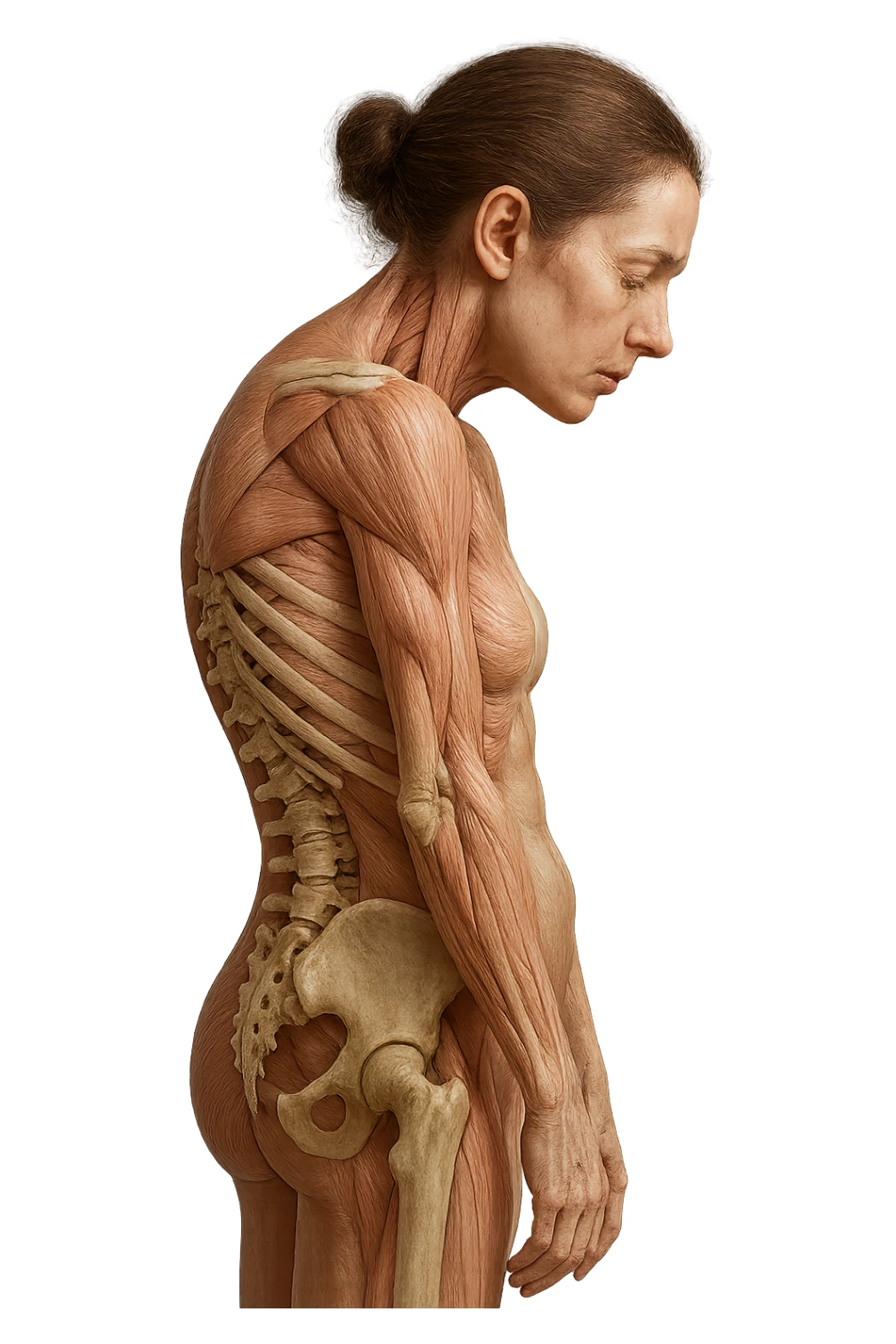 donna anatomica di profilo con spalle chiuse in avanti e postura storta, spina dorsale anatomica visibile, iperrealistico 4k sticker